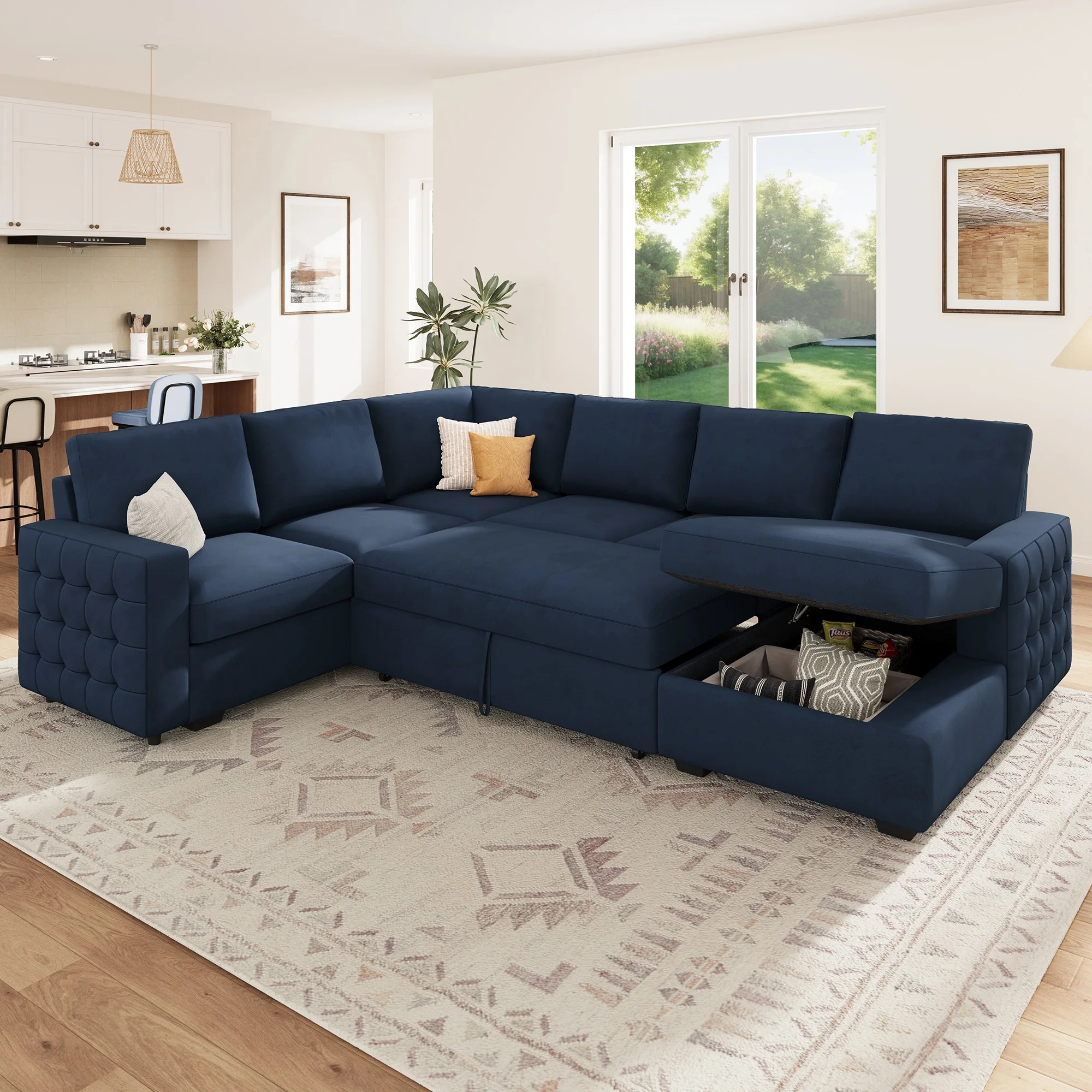HONBAY Modular Sectional Pull-Out Sofa Bed with Storage Velvet U-Shaped Convertible Sleeper Sofa for Living Room, Blue - Image 14