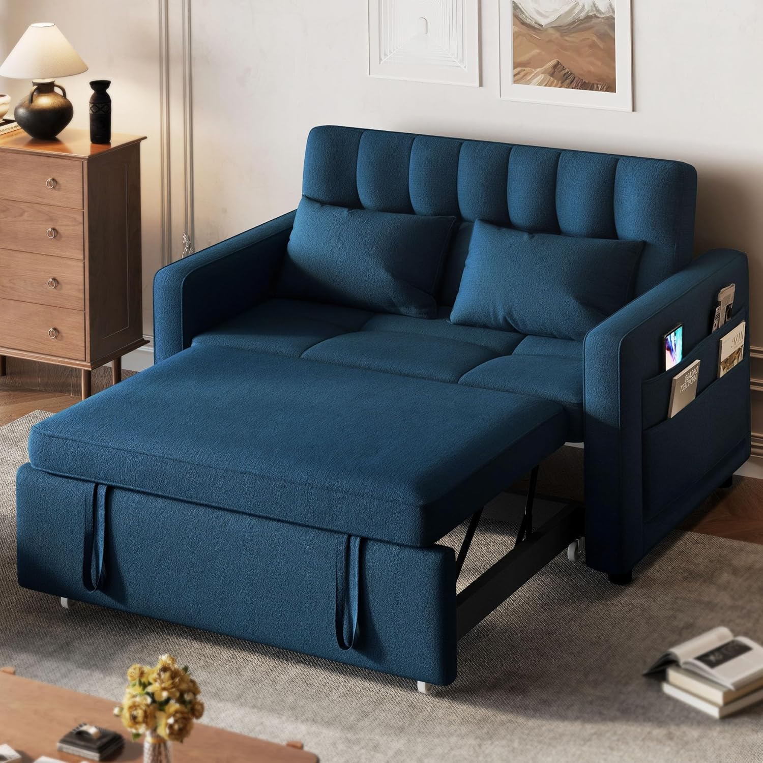 3-in-1 Convertible Sofa Bed, 55" Sleeper Sofa with Pull-Out Bed, Cat-Scratch-Proof Fabric Futon Couch with Adjustable Backrest and Side Pocket, Loveseat for Living Room Apartment, Grey