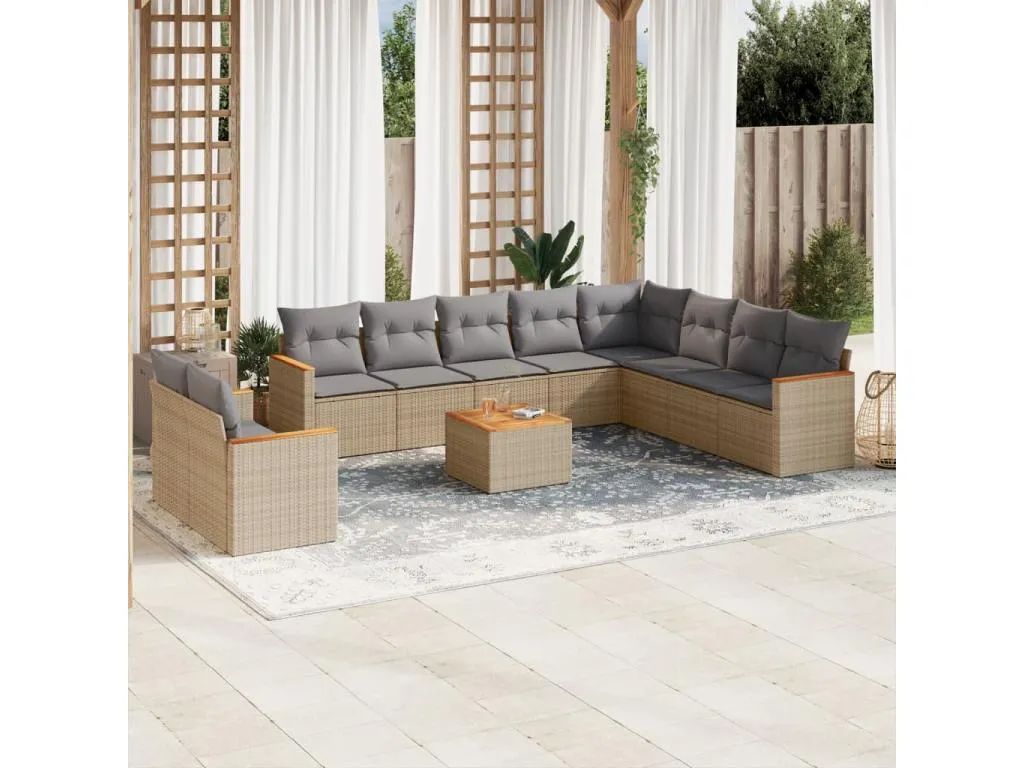 Set de sofás de jardín 11pzas con cojines ratán sintético beige