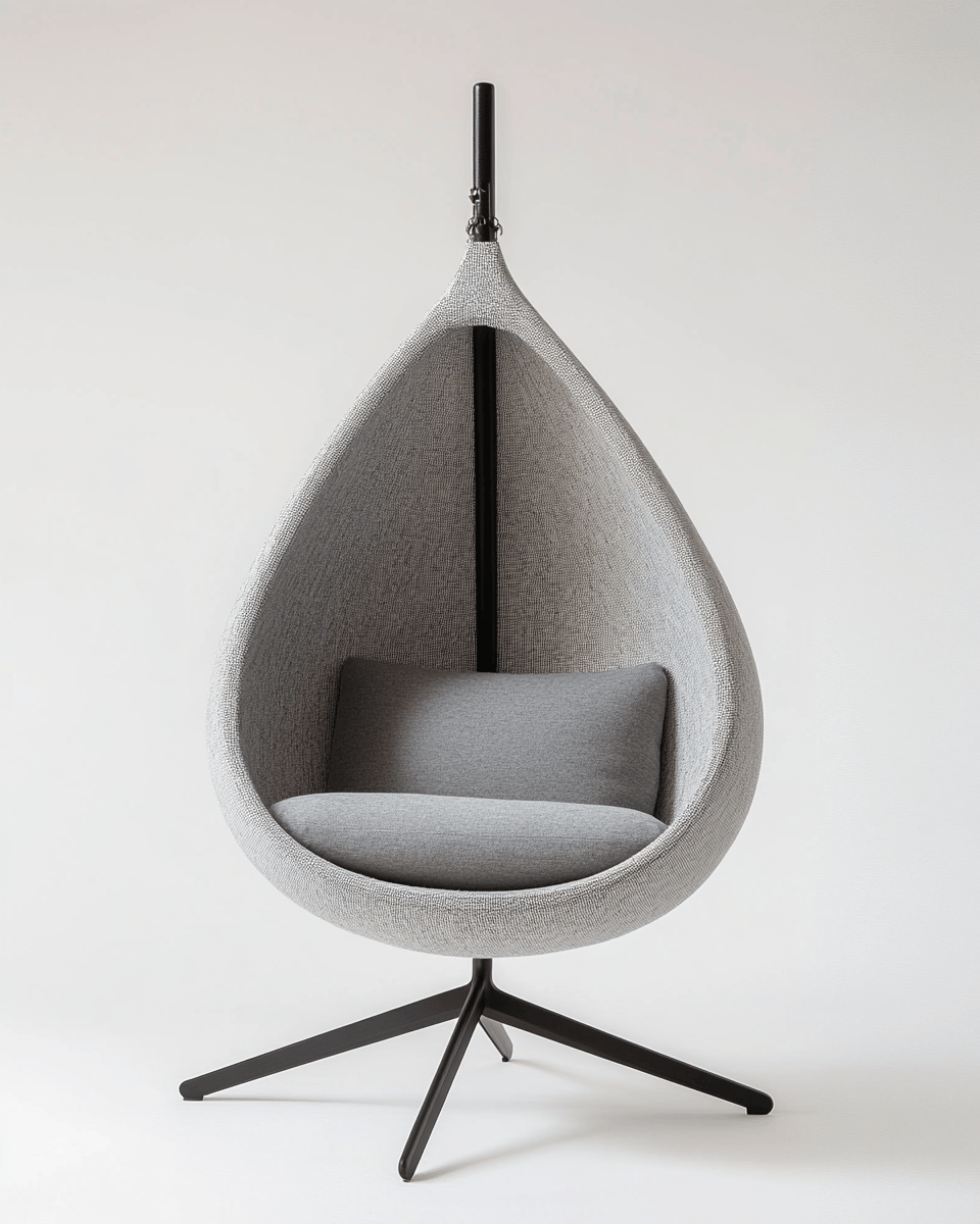Silla colgante de pie tapizada – gris claro – con base metálica negra