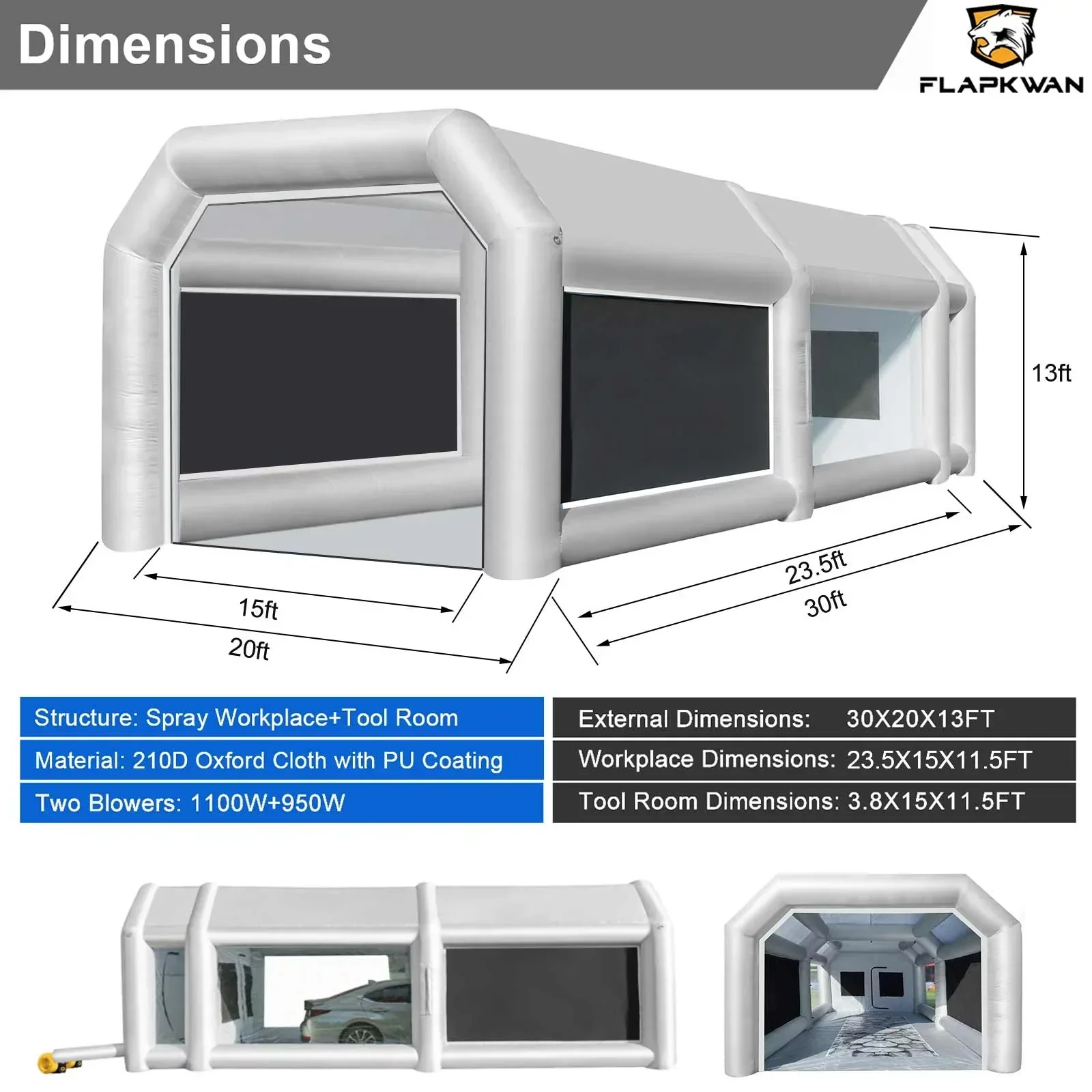 FLAPKWAN Inflatable Paint Booth 30X20X13FT With 1100W+950W Blowers - Image 3 FLAPKWAN Inflatable Paint Booth 30X20X13FT With 1100W+950W Blowers - Image 3