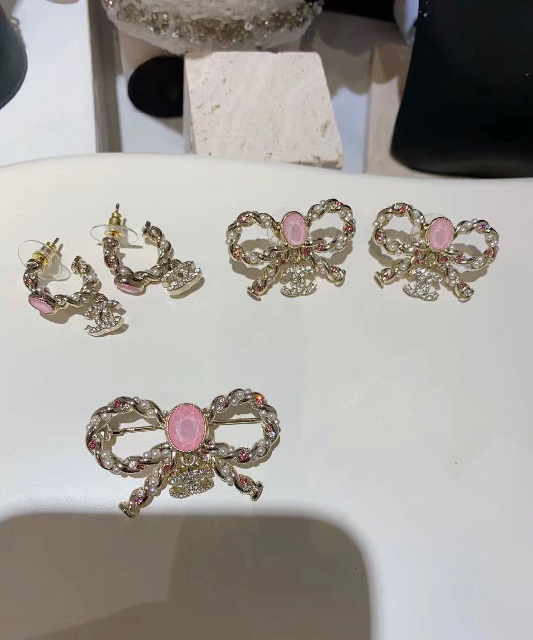 Chanel Pink Rhinestone Bow Brooch Earrings - Original Replica Club