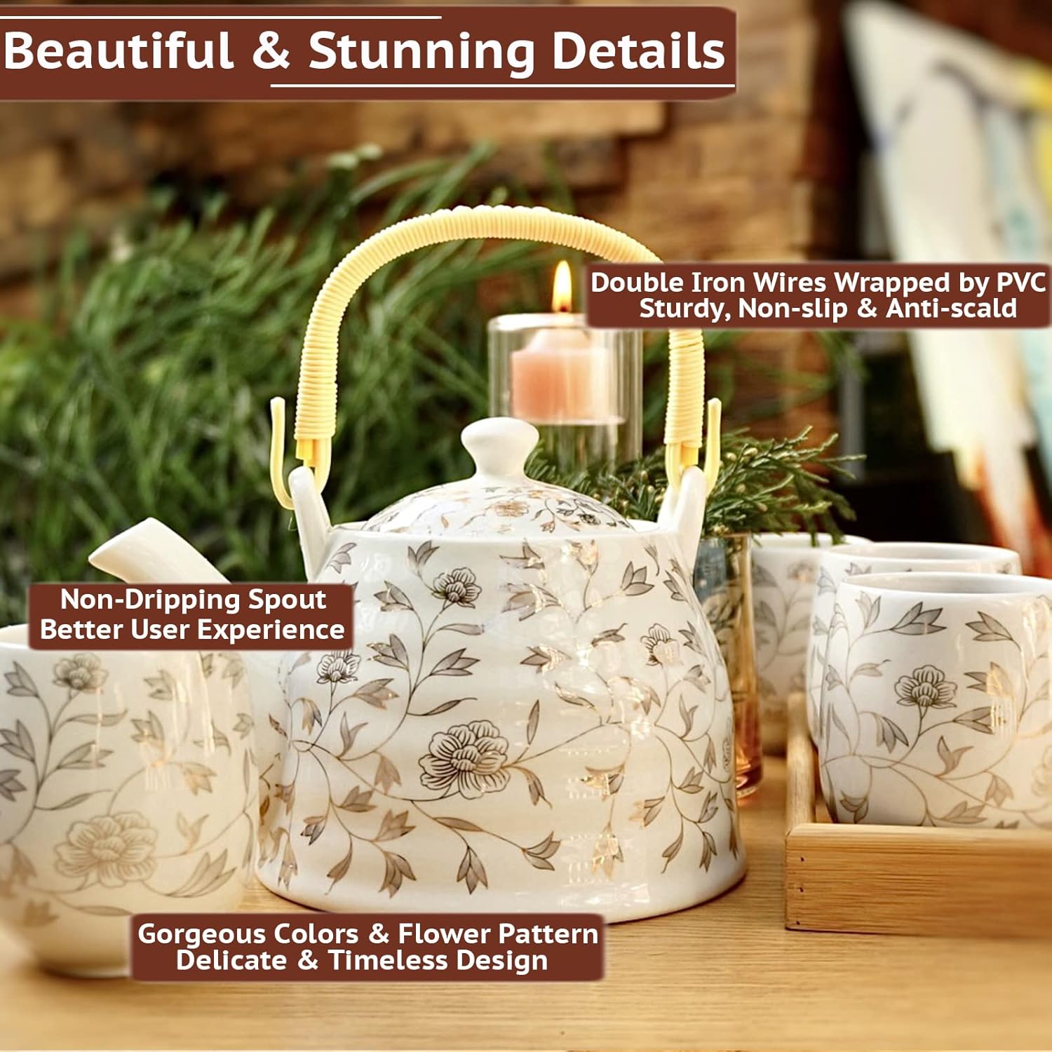 La Belle Vie Japanese Tea Set, White Porcelain Tea Set as Gift, 1 Pot (32.1oz), 6 Cups (6.1oz), 1 Stainless Steel Tea Infuser, 1 Bamboo Tray, Pretty Gift for Birthday, Festivals, Events