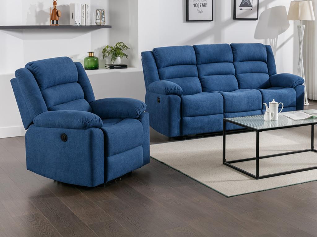 Sofá de 3 plazas y sillón reclinable eléctrico de tela azul BUROLO