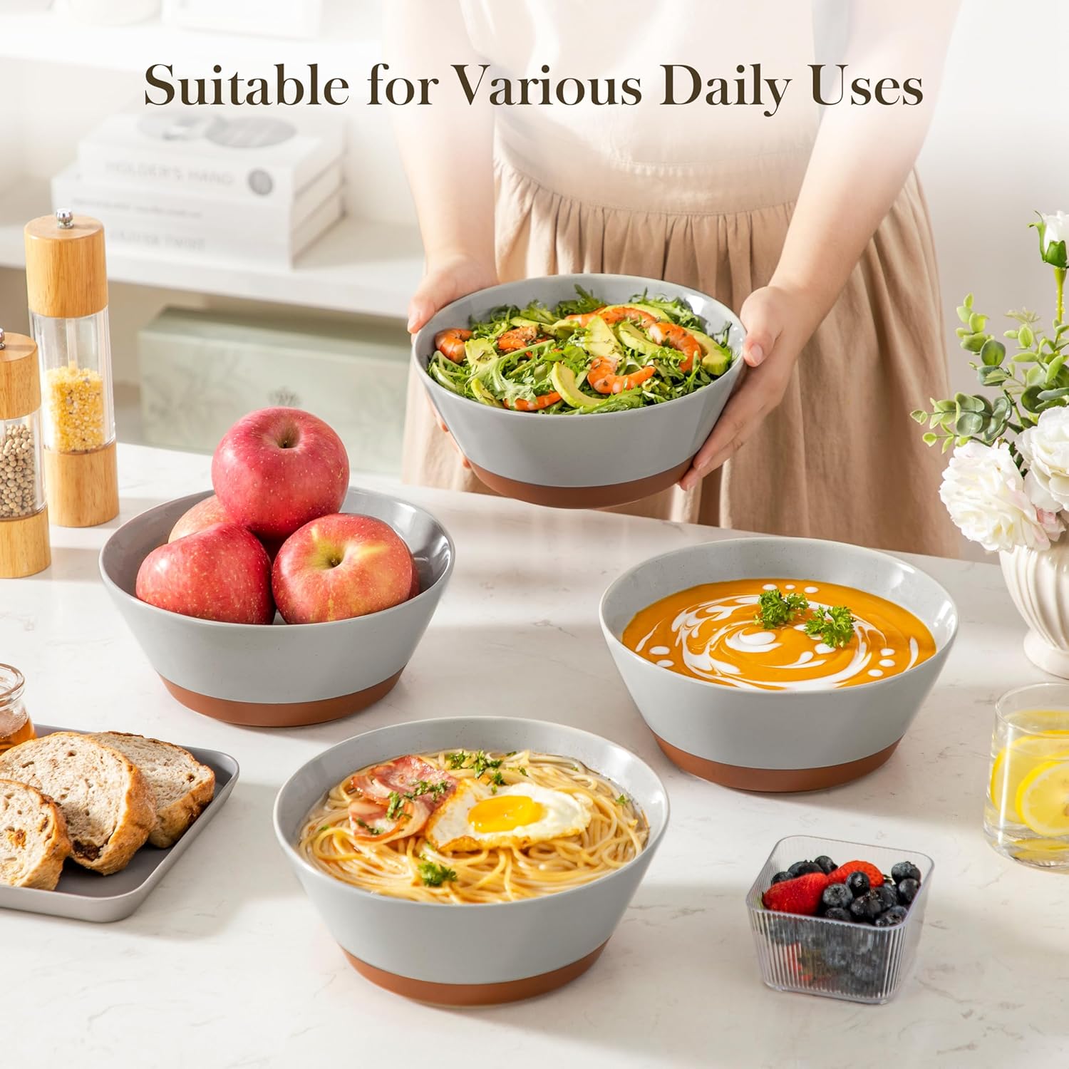MALACASA Salad Bowls Set of 4, Soup Bowls for Kitchen, 60oz Large Ceramic Bowl for Ramen, Cereal, Fruit, Pho and Pasta, Microwave & Dishwasher Safe, Speckled Deep Bowls, Grey & Brown