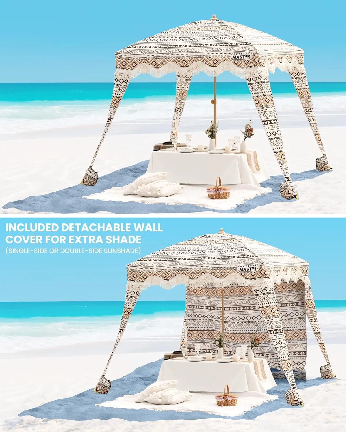 OutdoorMaster Beach Cabana with Fringe, Portable 6' x 6' Beach Canopy, Easy Set Up Beach Shelter, Included Side Wall, UPF 50+ UV Protection Sun Umbrella - for Kids, Family & Friends - Image 9
