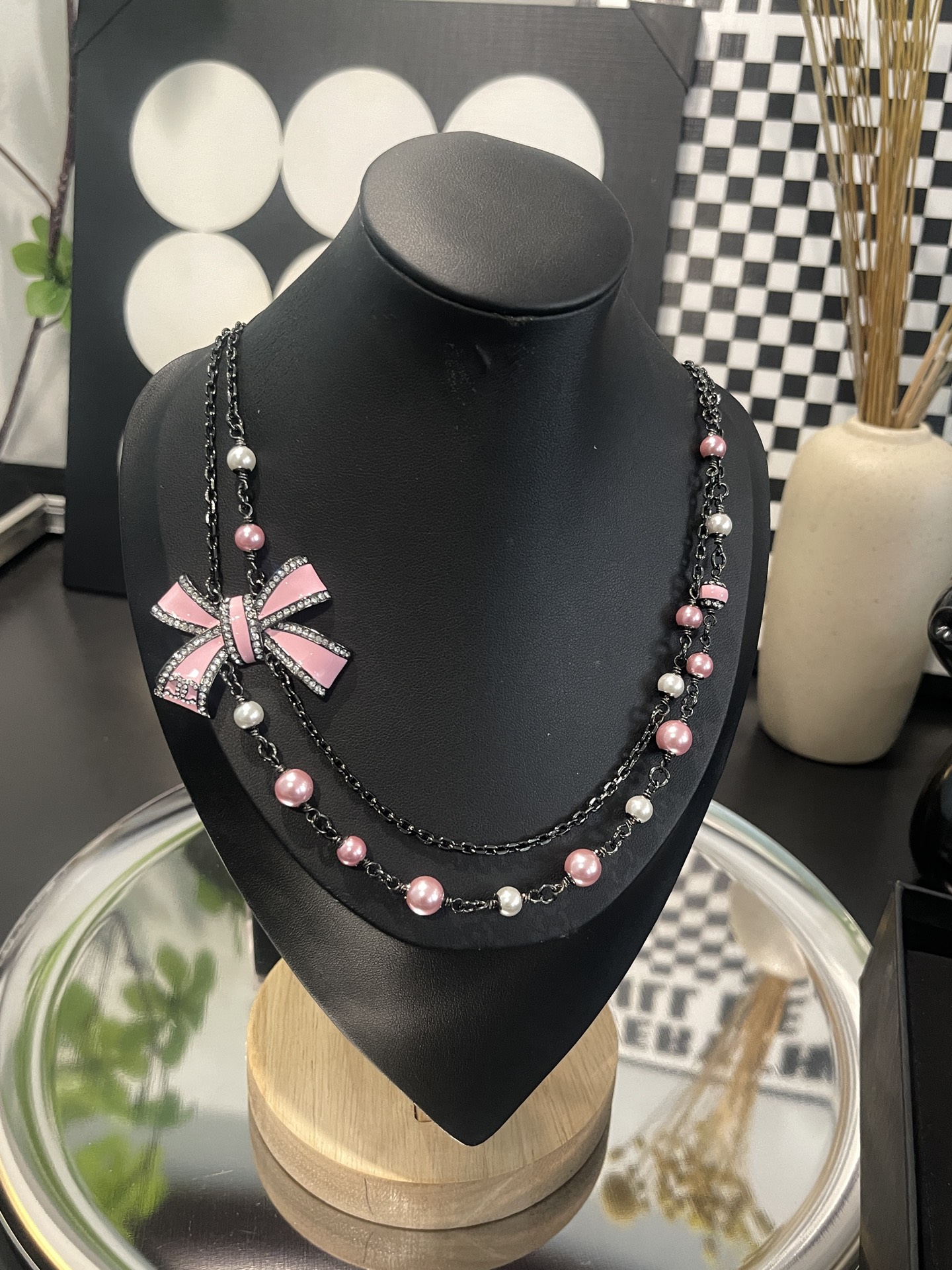 Chanel Two Layers Pink Bow Pearl Necklace - Original Replica Club