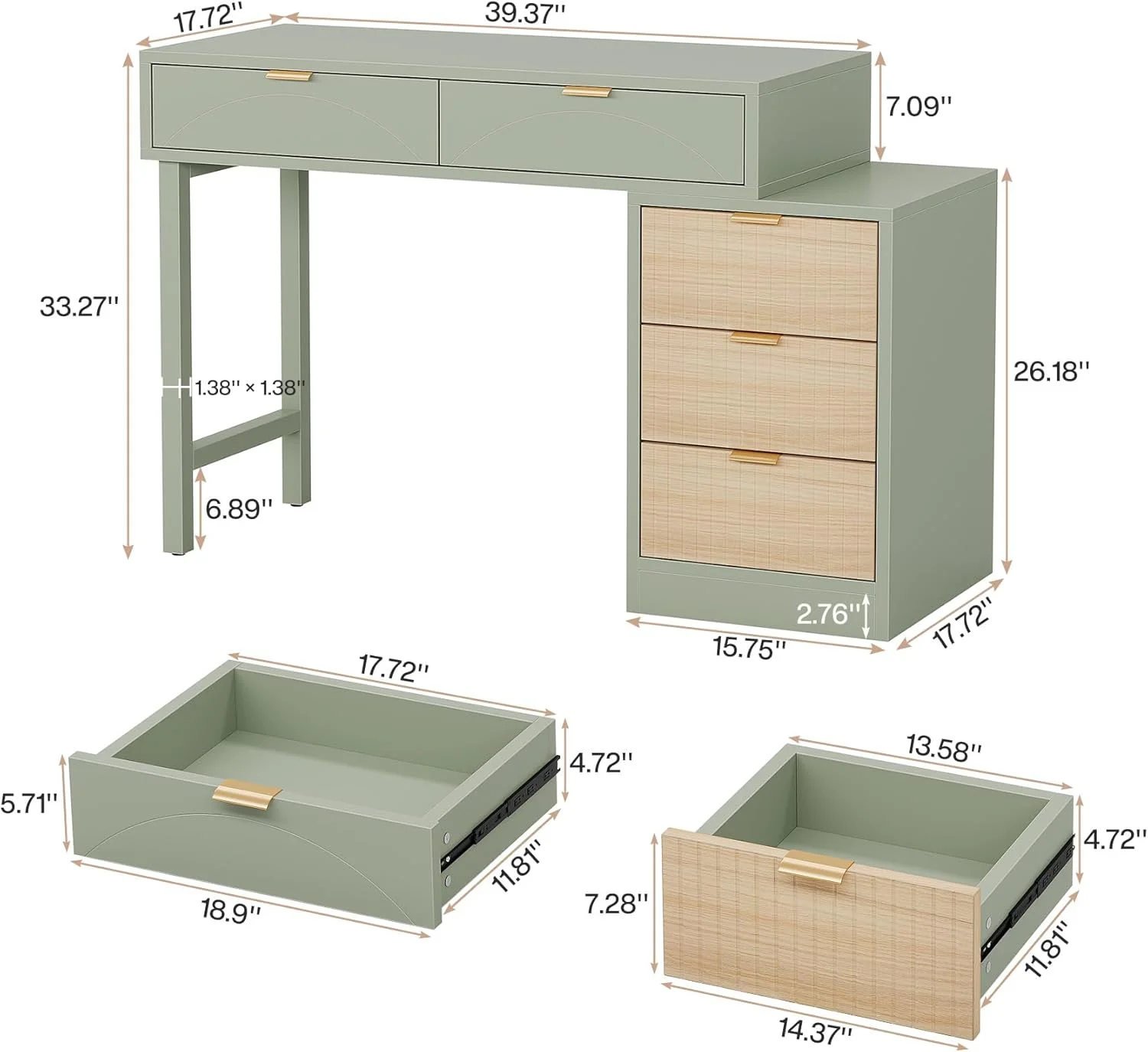 Tribesigns 39" Reversible Computer Desk with 5 Drawers, Wood Writing Desk for Home Office, Green - Image 2
