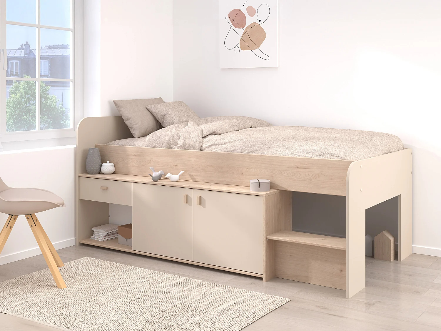 Cama semielevada 90 x 190/200 cm con almacenamiento - Beige y natural + Somier + Colchón - LUNOBI