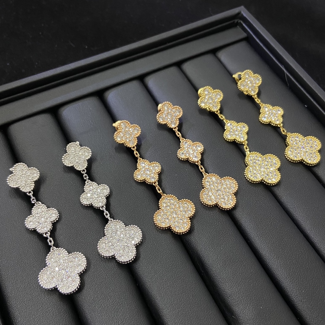 VCA Paved Full Diamond Long Clover Earrings - Original Replica Club