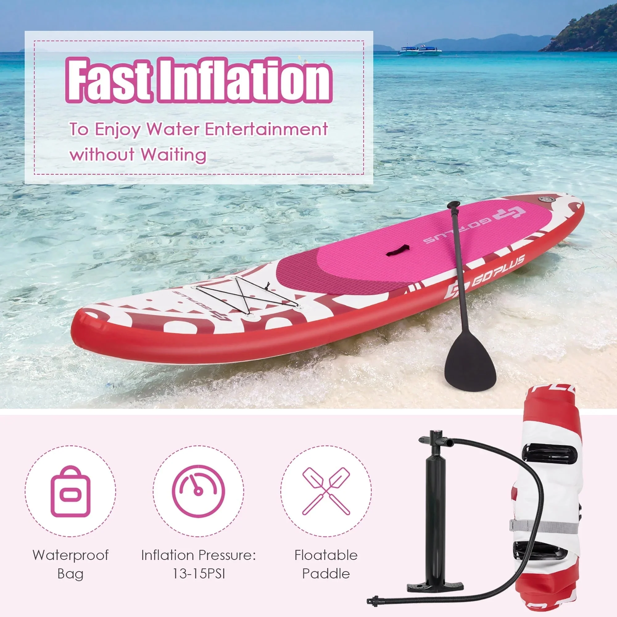 Goplus Inflatable Stand-Up Paddle Board 10.5 x 30 x 6 - Pink - Image 5 Goplus Inflatable Stand-Up Paddle Board 10.5 x 30 x 6 - Pink - Image 5