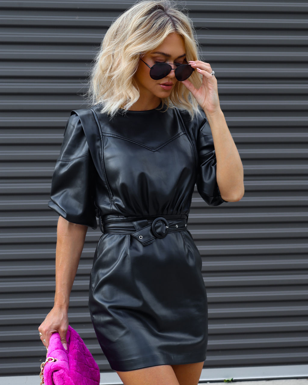Sleek To The Nines Belted Faux Leather Mini Dress - Black - Se7enfashion