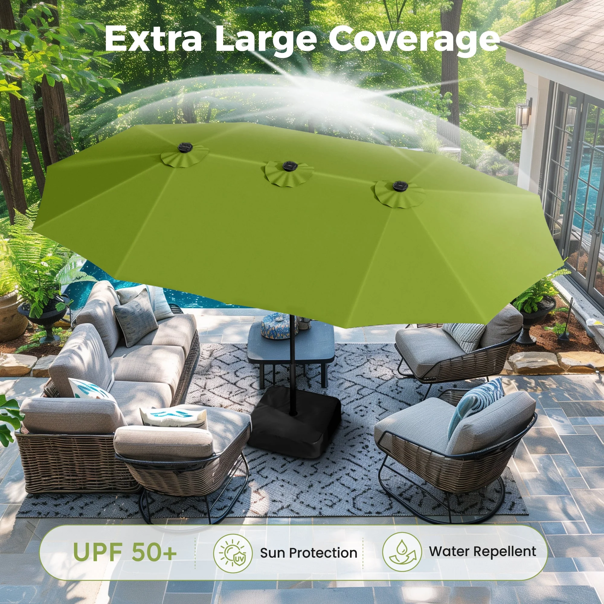 Alpha Joy 15ft Extra Large Outdoor Patio Double-Sided Umbrella with LED Solar Lights & Umbrella Base, Beige - Image 24