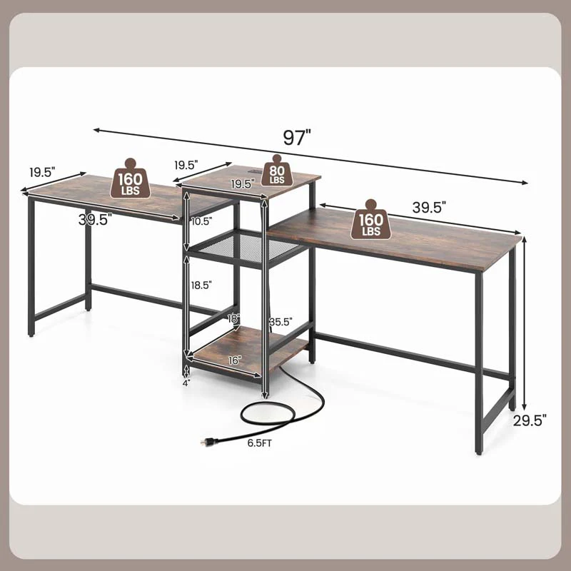 Eletriclife 2-Person Computer Desk with Power Outlet and Printer Stand