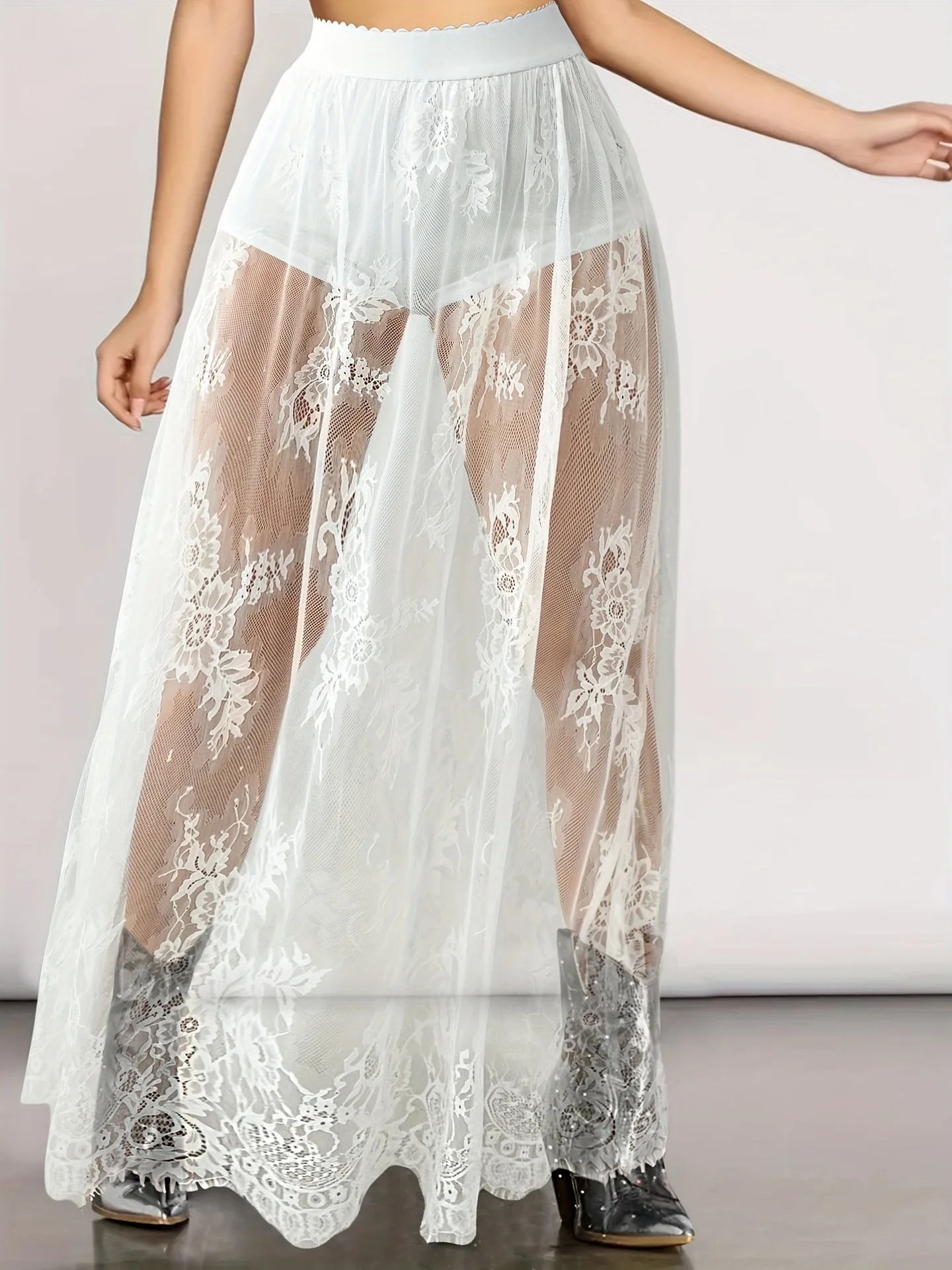 Dark gothic lace see-through skirt long dress - Se7enfashion