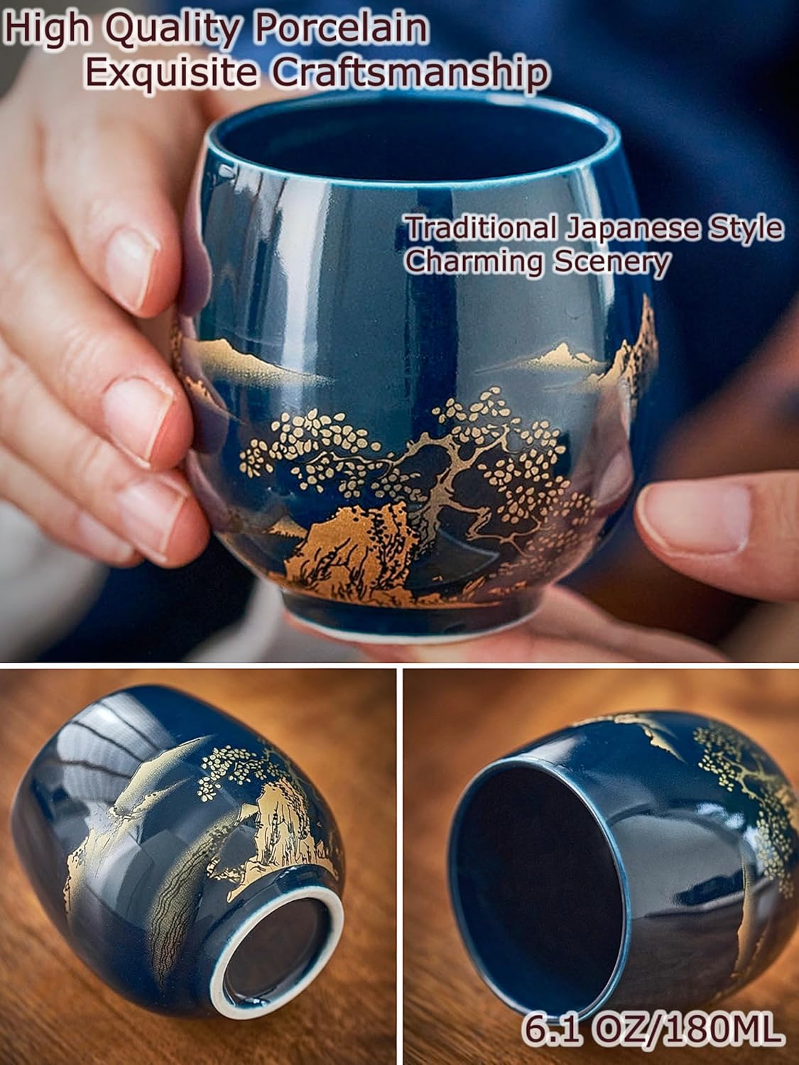 Japanese Tea Set of 6, 40oz Blue Porcelain Teapot and 6 Cups, Gold Hand-Painted Teaware with Stainless Steel Infuser and Tray, Traditional Style Gift for Tea Lovers, Mother's Day, Birthday
