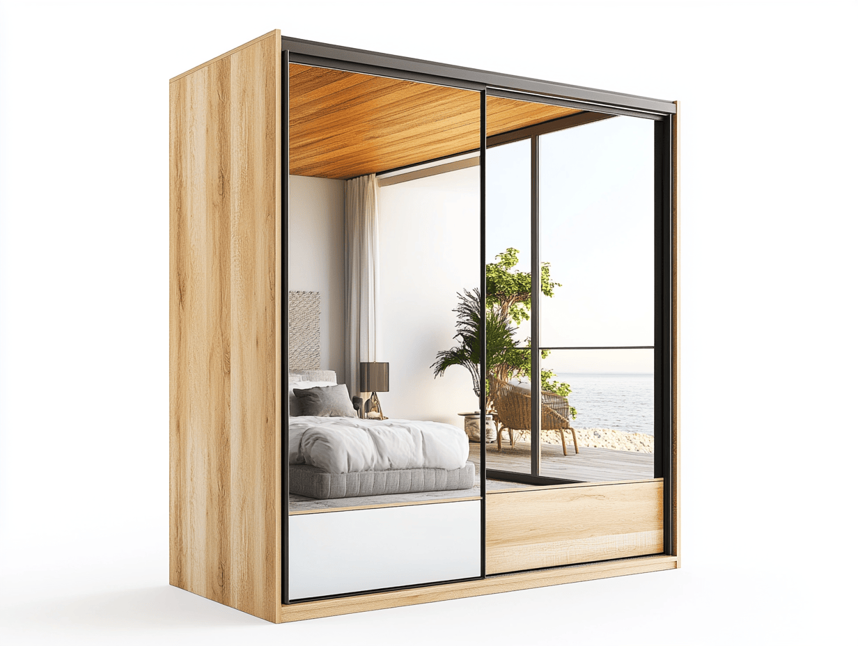 Armario con puertas correderas 180×62×200 cm – efecto roble natural y cristal espejo – con acabado minimalista y gran capacidad – ideal para dormitorio moderno