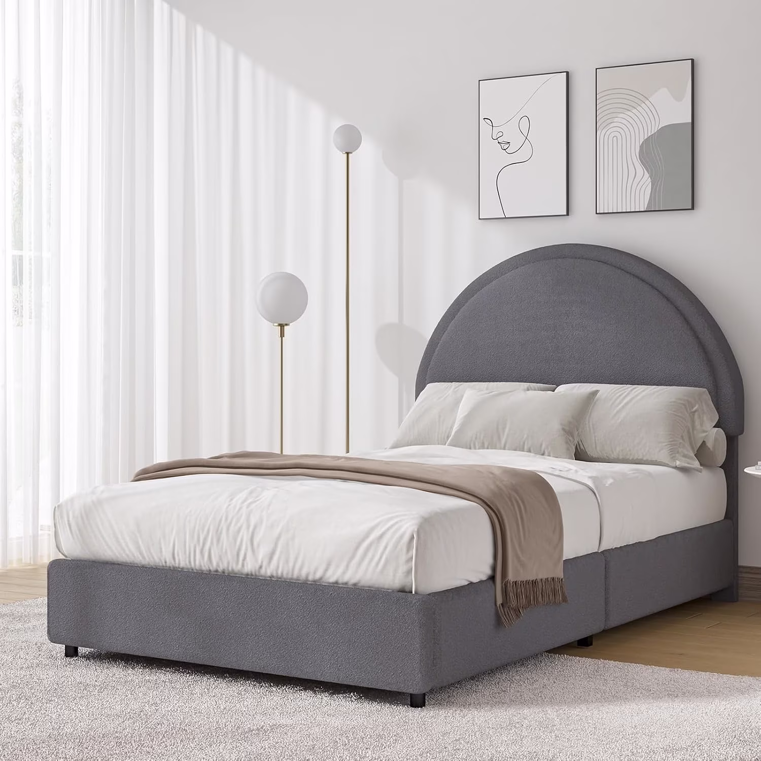 4 EVER WINNER Queen Size Bed Frame, Boucle Upholstered Bed Frame with Headboard, White Queen Bed Frame, White