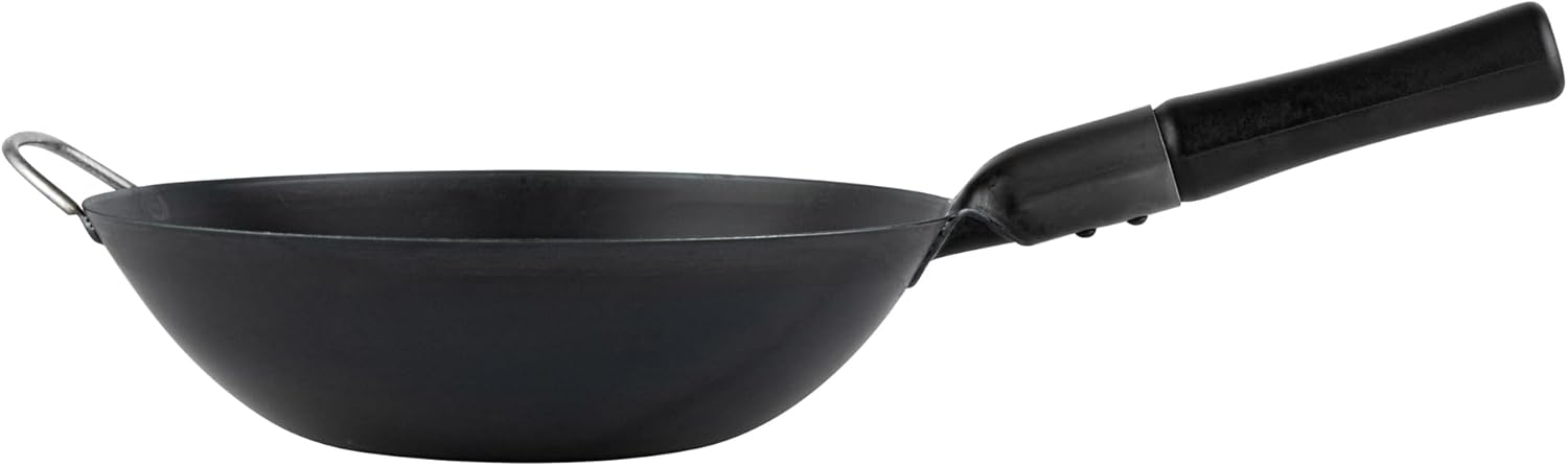 Restaurantware Carbon Steel Wok 1 Pack of 11.6 Inch Heavy-Duty Uniform Heat Distribution Pan Induction Compatible Flat Bottom Wok Welded Handle Black For Gas Stovetops And Grills