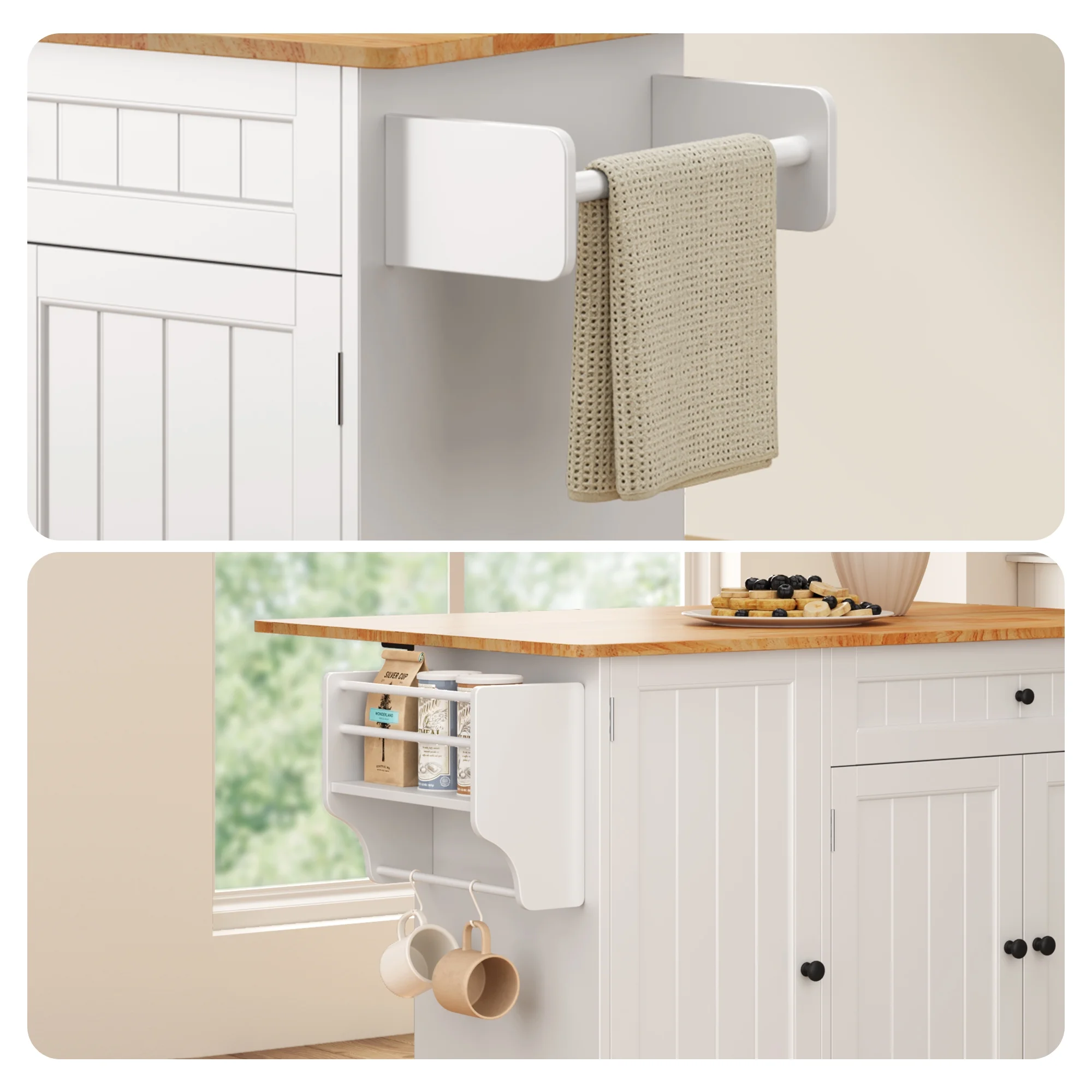 Kitchen Island with Storage - Lofka Rolling Kitchen Cart with Solid Wood Top,Drawers,Spice Rack & Towel Bar - Mobile Workstation for Small Kitchen,Dining Room ,White - Image 6