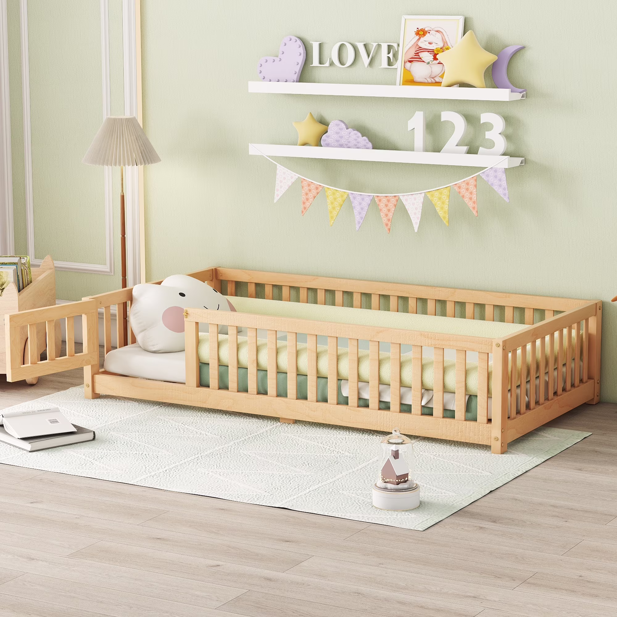 Yoneston Twin Size Bed Floor Bed with Safety Guardrails and Door for Kids Toddlers, Natural(Queen/White)