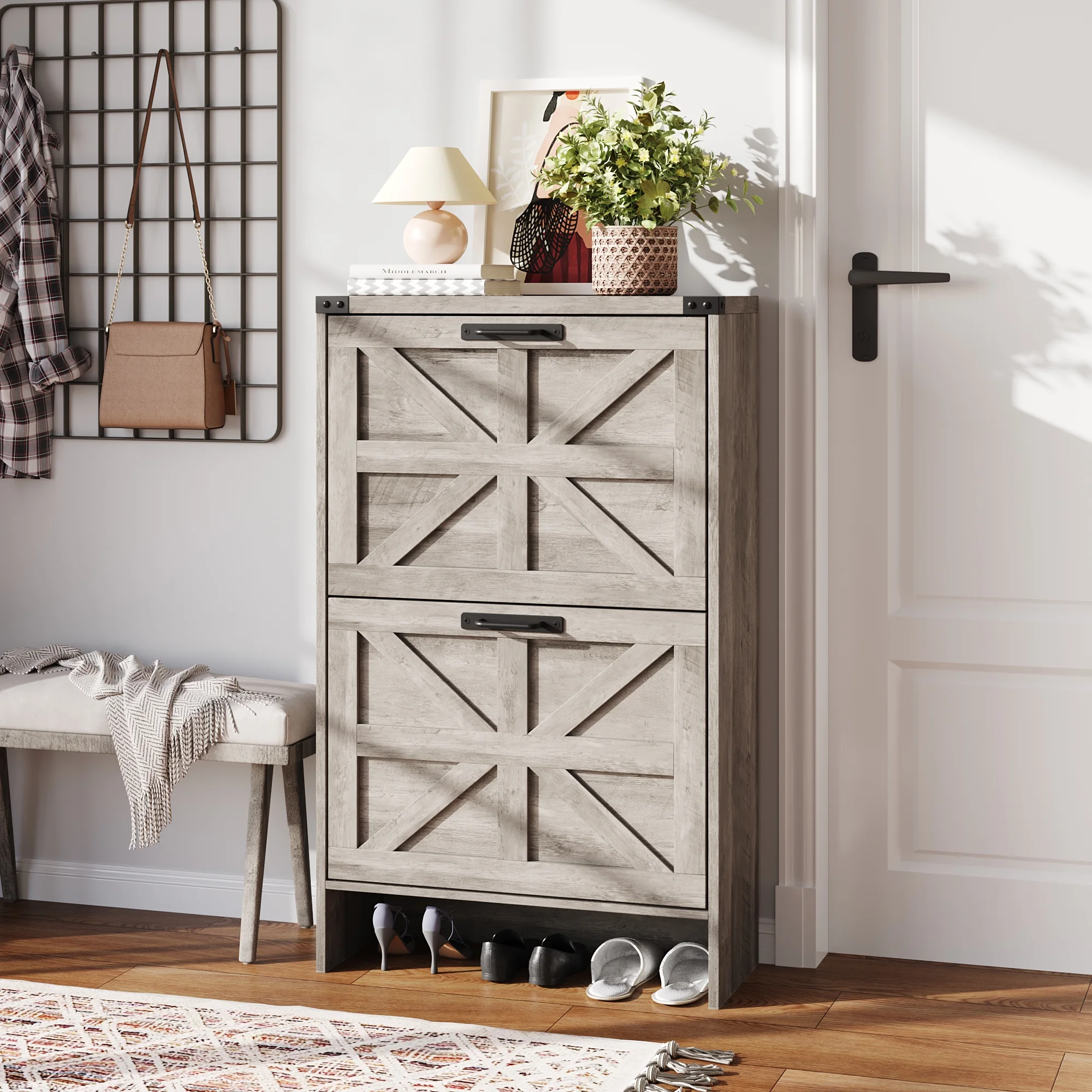 VEANERWOOD Shoes Storage Cabinet With Doors, Farmhouse Shoe Cabinet With 2 Flip Drawers For Entryway,Gray - Image 27