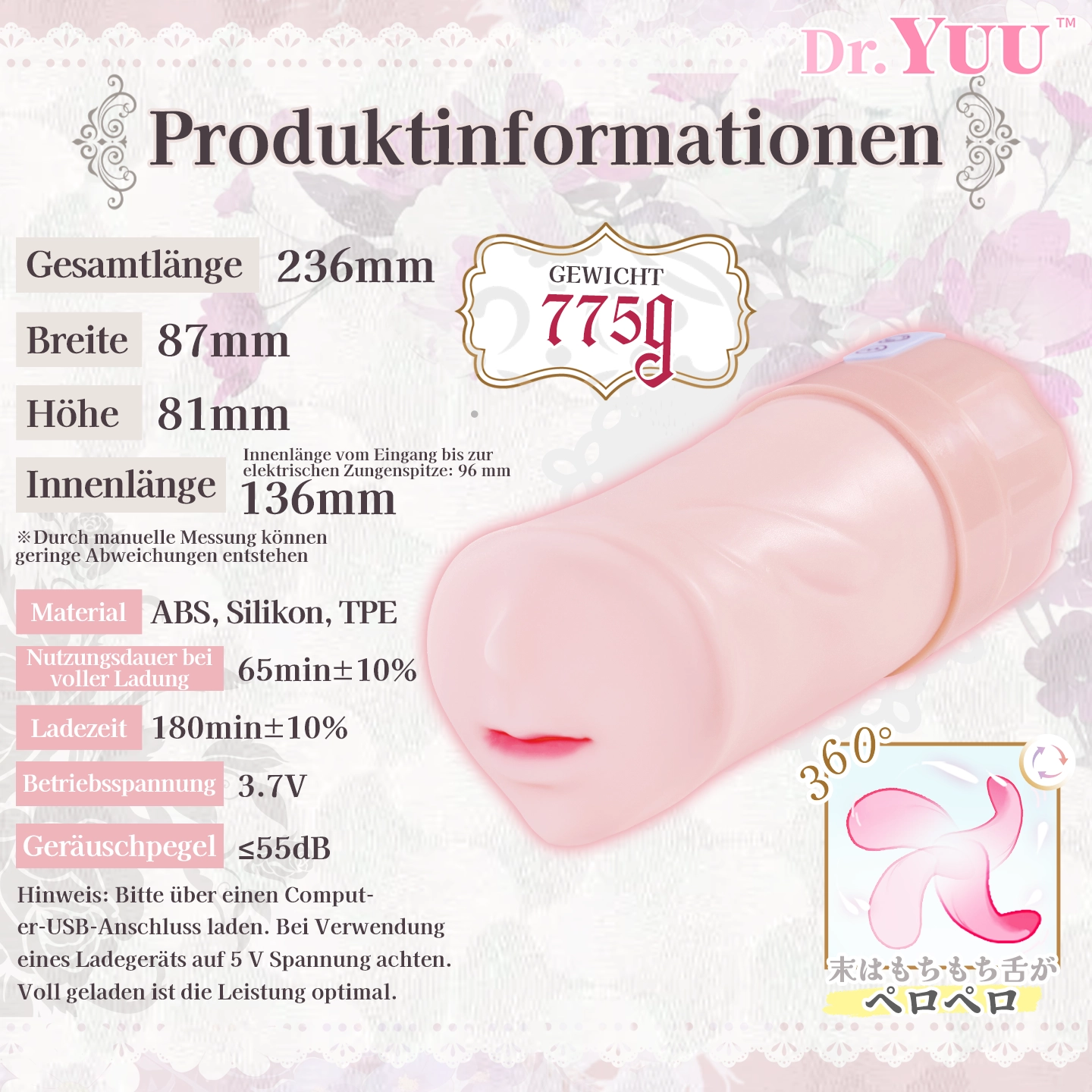 87 mm Breite, 81 mm Höhe, 136 mm Innenlänge, 96 mm bis zur elektrischen Zungenspitze, 775 g Gewicht, ABS-, Silikon- und TPE-Material sowie Angaben zu Laufzeit, Ladezeit, Spannung und Geräuschpegel.