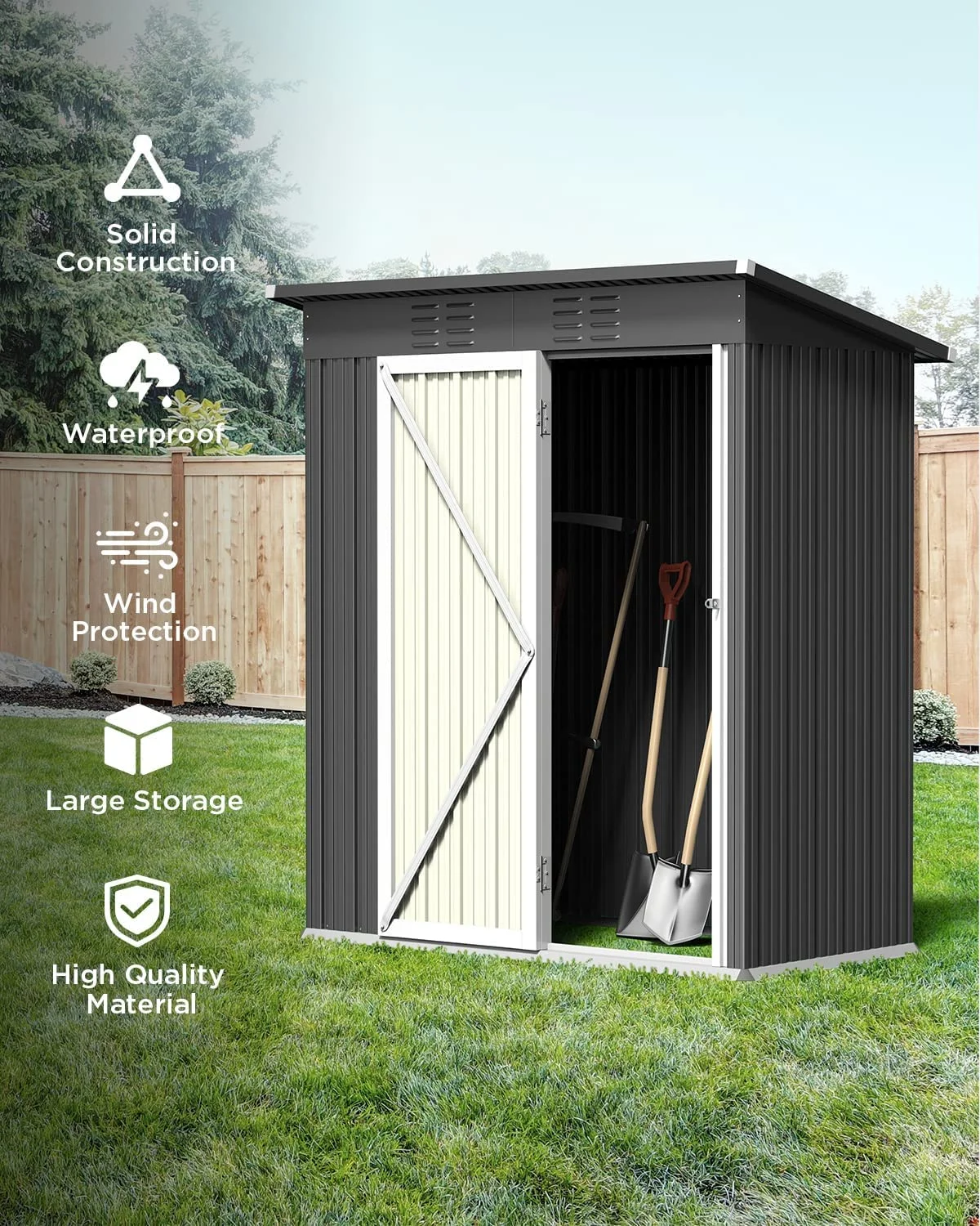 5' x 3' Outdoor Storage Shed, Metal Outdoor Storage Cabinet with Single Lockable Door, Waterproof Tool Shed,Gray - Image 7