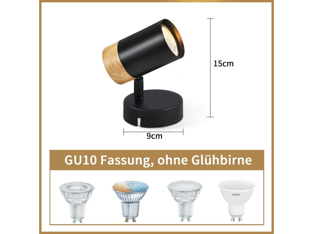 Laocacasas Lámpara de techo de madera Laocacasas, 1 llama - spots de techo GU10 giratorios 330° Bombilla LED para pasillos, negro, lámpara de techo vintage para interior, para pasillos, salón, dormitorio, cocina, sin fuente de luz.