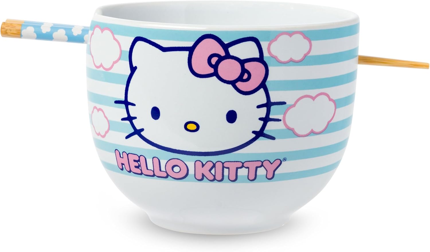 Silver Buffalo Sanrio Hello Kitty Face with Different Color Bows Pattern Ceramic Ramen Noodle Rice Bowl with Chopsticks, Microwave Safe, 20 Ounces