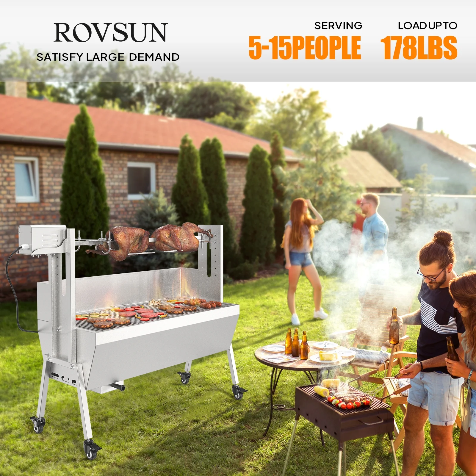 RovSun 46 Electric Rotisserie Grill 176 lbs Capacity 25w Pig Lamb Spit Roaster Rotisserie w/Lockable Wheels Wind Baffle with Adjustable Height - Image 10