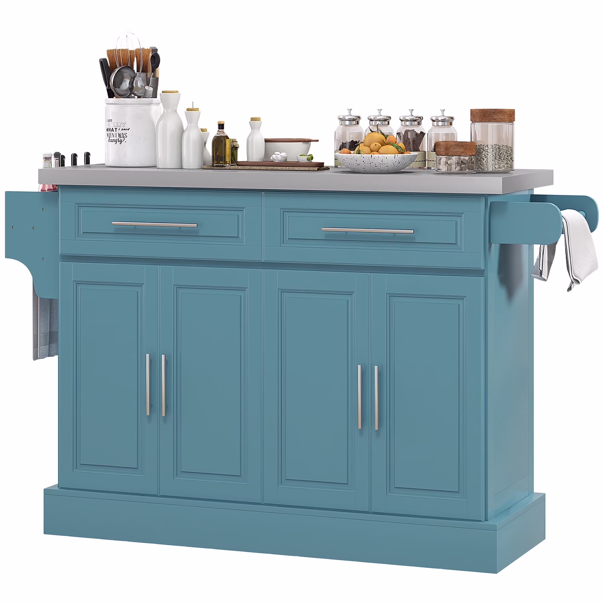 HOMCOM Multi-functional Rolling Kitchen Island Cart with Cabinets and Drawers, Portable Kitchen Storage Cabinet with Spice Rack, Towel Rack, Knife Rack, Steel Top