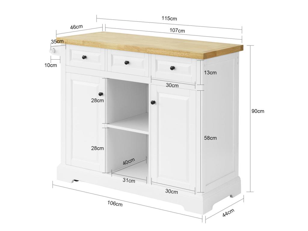 Carrito de Cocina con 3 cajones y 2 Puertas Madera de Caucho con Tablero 115 x 46 x 90 cm FKW101-WN Hogarmagic  ES