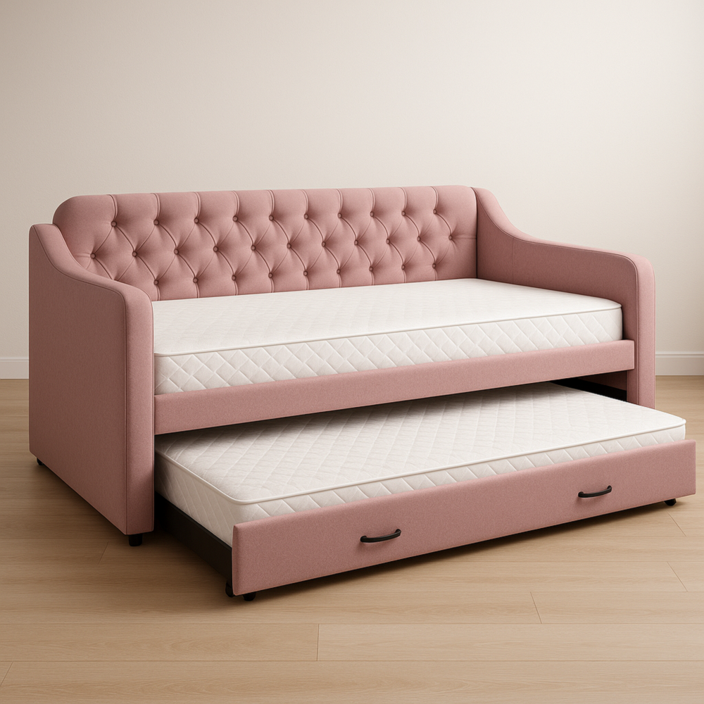 Sofá Cama Rosa 200×90×80 cm con Función Nido y Dos Colchones de Espuma, Respaldo con Botones
