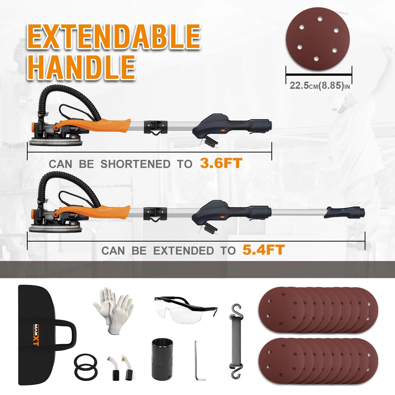 POVANLI 780W Electric Drywall Sander with Vacuum Dust Collection, 6.5A Motor Dustless Floor Sander with Variable Speed 900-1800RPM, LED Light, Extendable & Foldable Handle Yellow+Black - Image 14