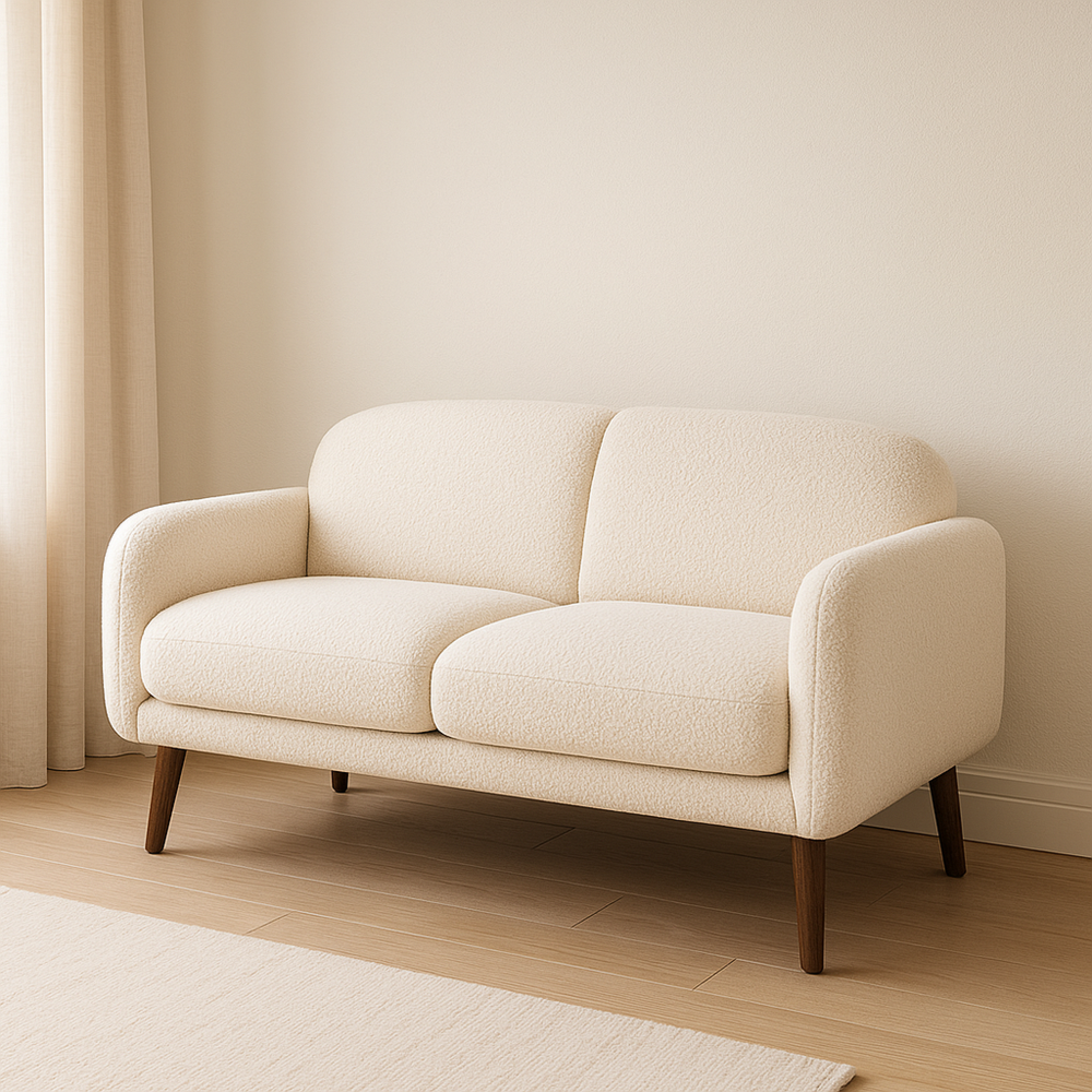 Sofá de 2 Plazas en Tela Bouclé Beige con Patas de Madera, 150x80x85 cm