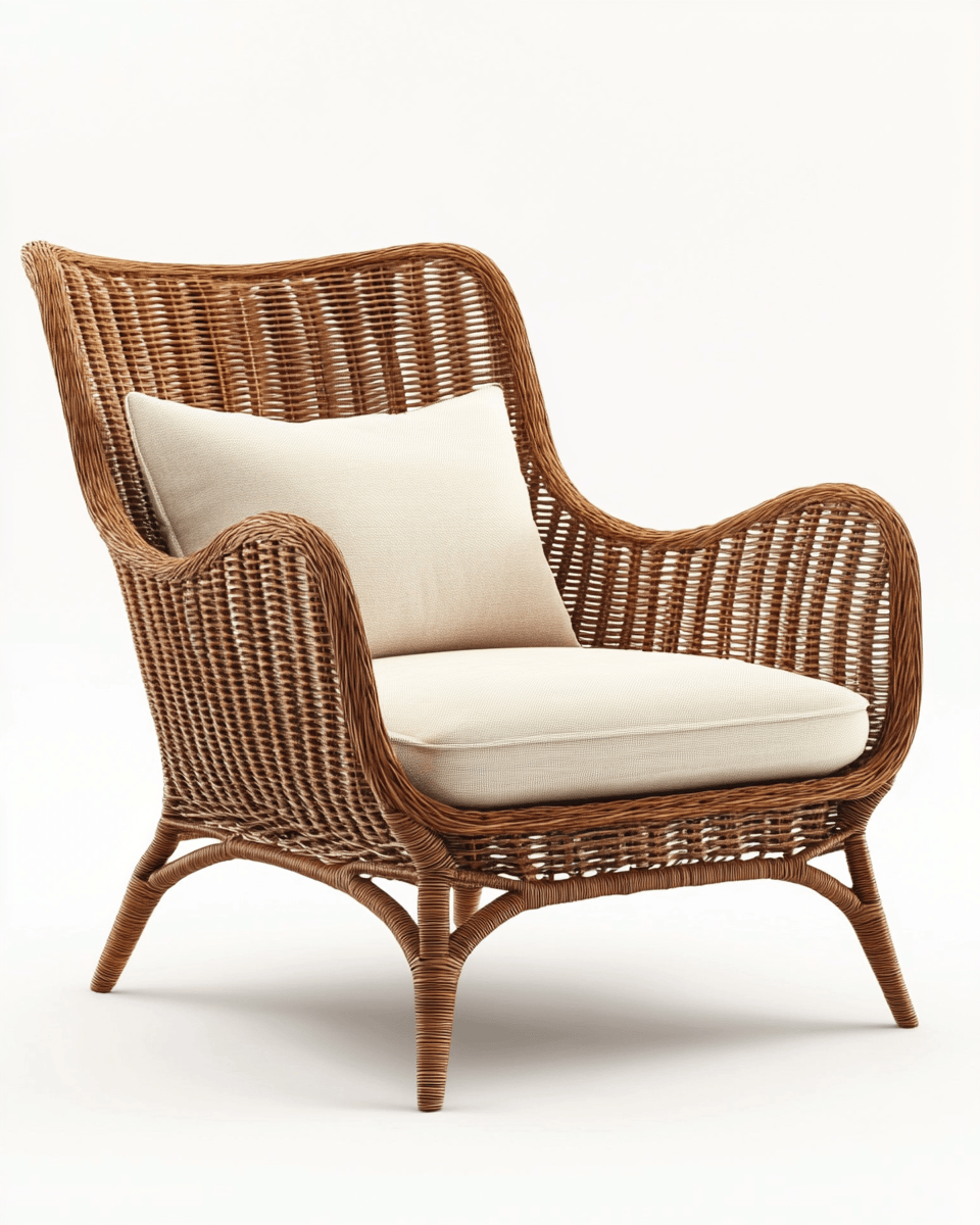 Sillón de exterior de ratán sintético – marrón natural – con cojines beige
