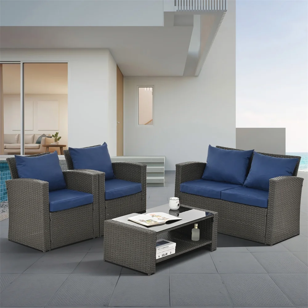 4 Pieces Patio Conversation Set, Outdoor Furniture Set with Cushion, Outside Sectional Rattan Wicker Sofa Furniture Set for Garden, Porch, Backyard, Gray - Image 16