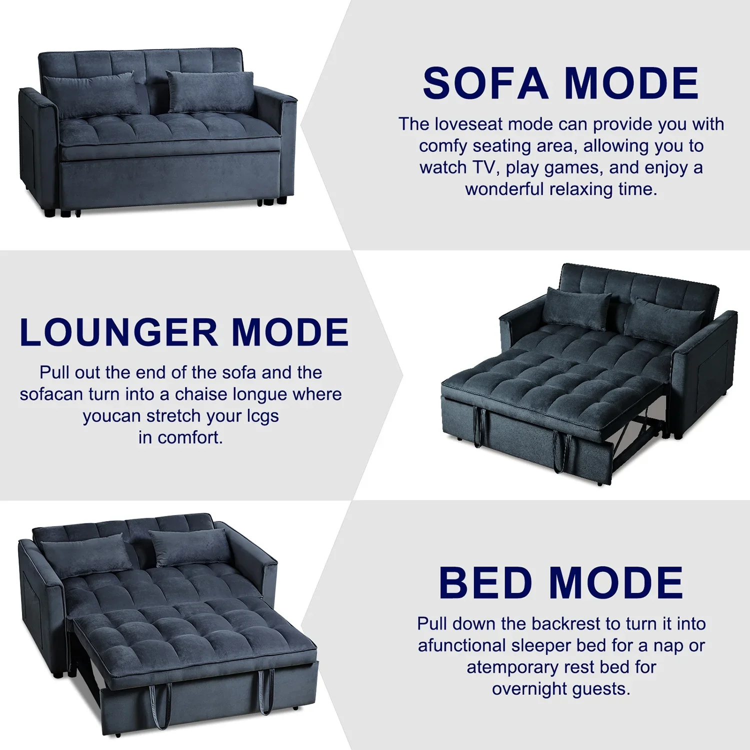 3 in 1 Convertible Sleeper Sofa Bed, Futon Couches for Living Room with Side Pocket | Adjustable Backrest| Velvet Fabric | Pull Out Couch | Love-seat sofa| Sectional Sofa Bed| 2-seat sofa bed