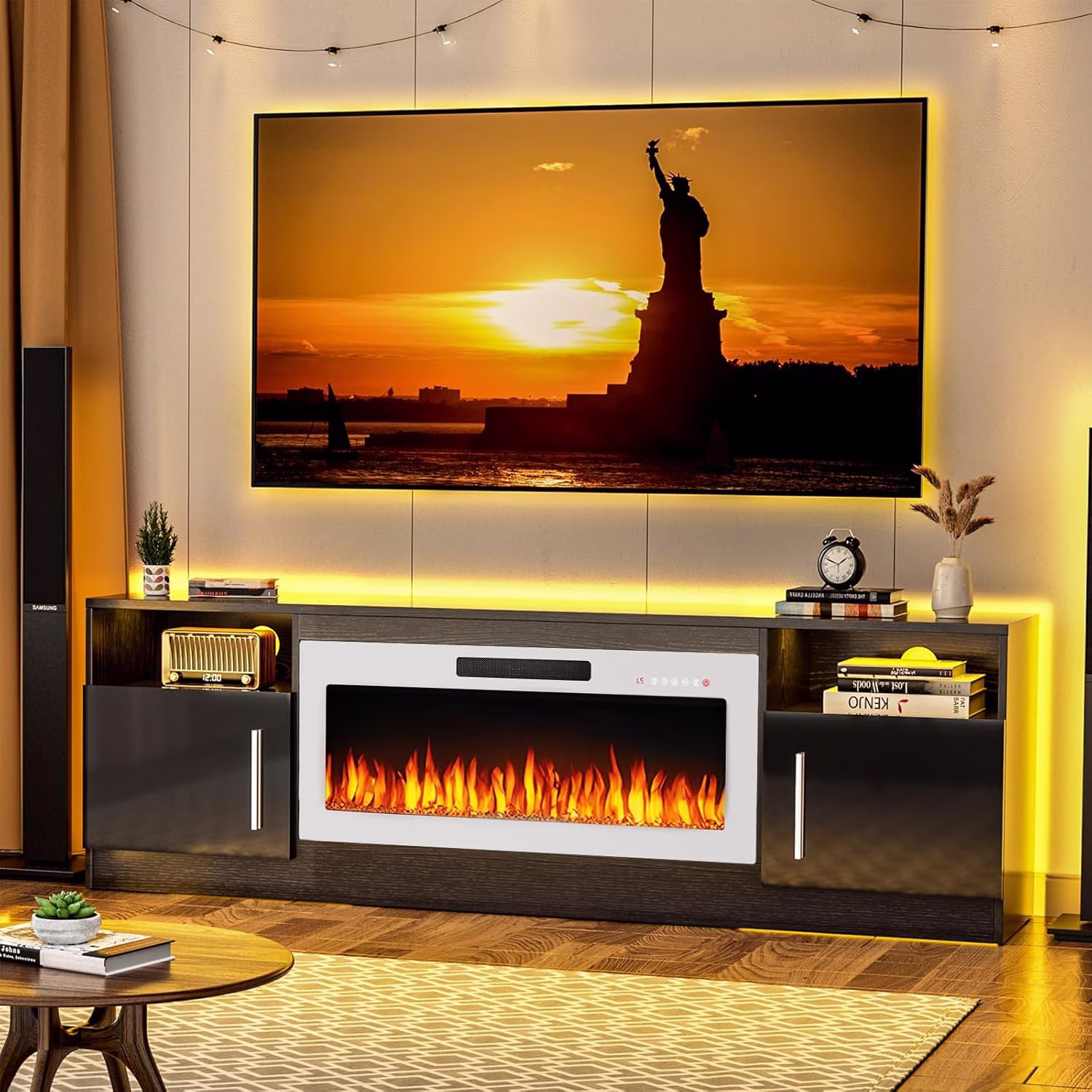 Waleaf Fireplace TV Stand with 18'' Fireplace for TVs up to 65 inch, Two Adjustable Glass Shelves
