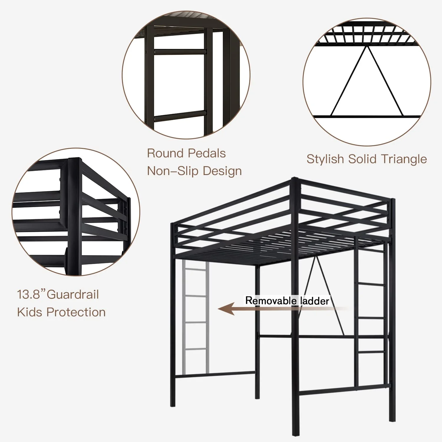 Einfach Metal Twin Size Loft Bed with Removable Ladder & Full-Length Guardrail, White - Image 17