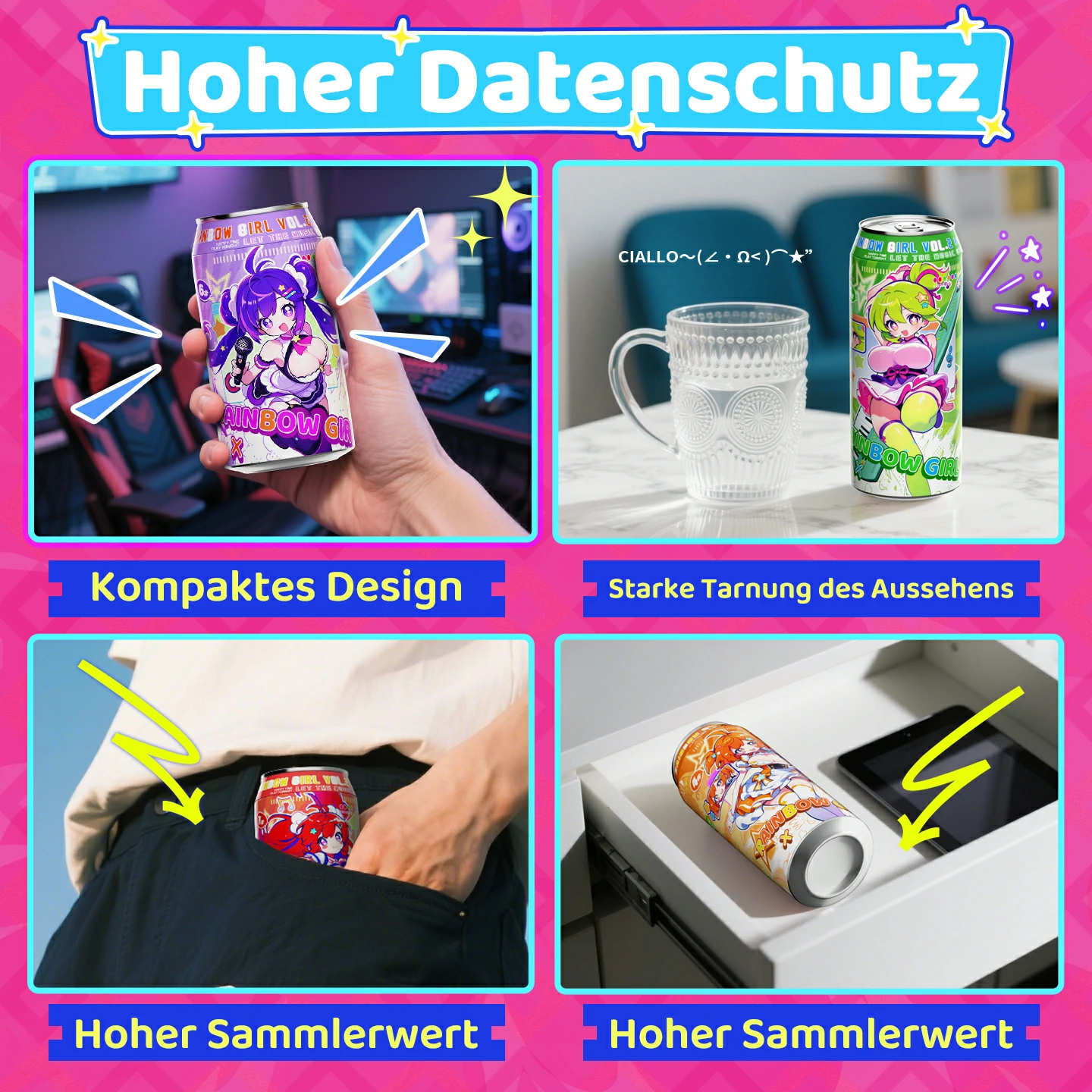 Größen- und Gewichtsvergleich der Dr.YUU Rainbow Women Standard- und Langversion mit 90 beziehungsweise 120 mm Innenlänge und 285 beziehungsweise 362 g Gewicht