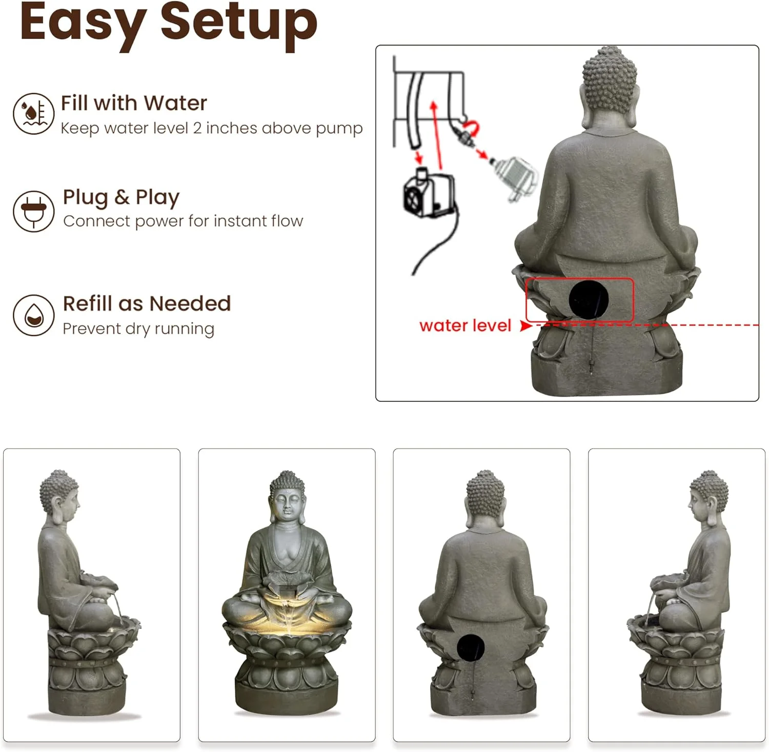 Buddha Water Fountain Outdoor Large Sitting Lotus Base Waterfall Fountains Zen Water Feature Indoor with LED Light for Garden Patio Backyard Deck Lawn Porch Balcony Home 45 inches Gold - Image 12