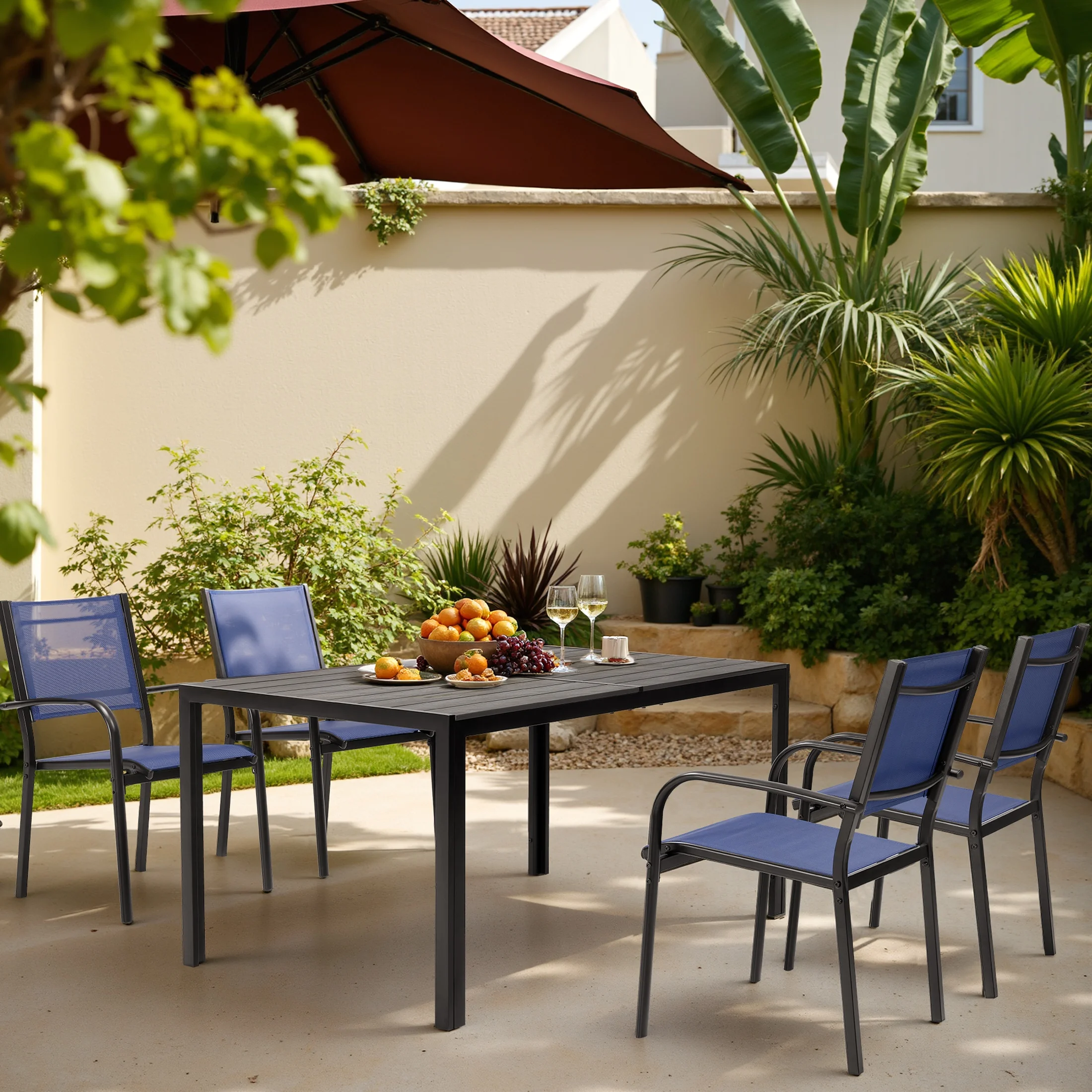 7 Piece Outdoor Dining Set, Patio Dining Table Set for 6 Persons, Garden Patio Textilene Dining Furniture Set with Plastic-Wood Tabletop, Dining Table Chairs Conversation Set for Deck Patio - Image 21