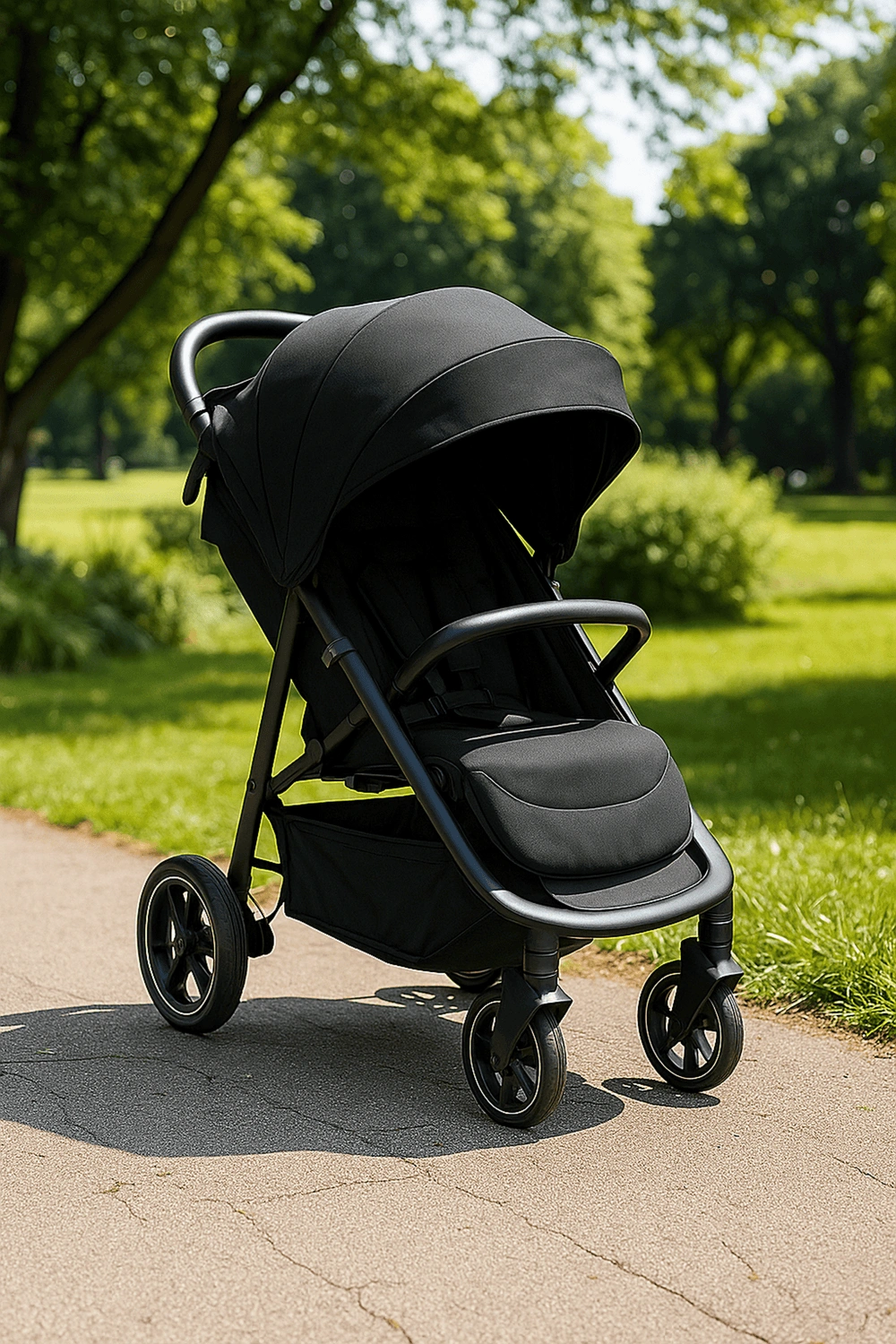 Cochecito de bebé, carrito plegable con respaldo ajustable en 3 posiciones y arnés de seguridad, hasta 22 kg, con capota extensible y cesta inferior, color negro, apto para 0 - 48 meses