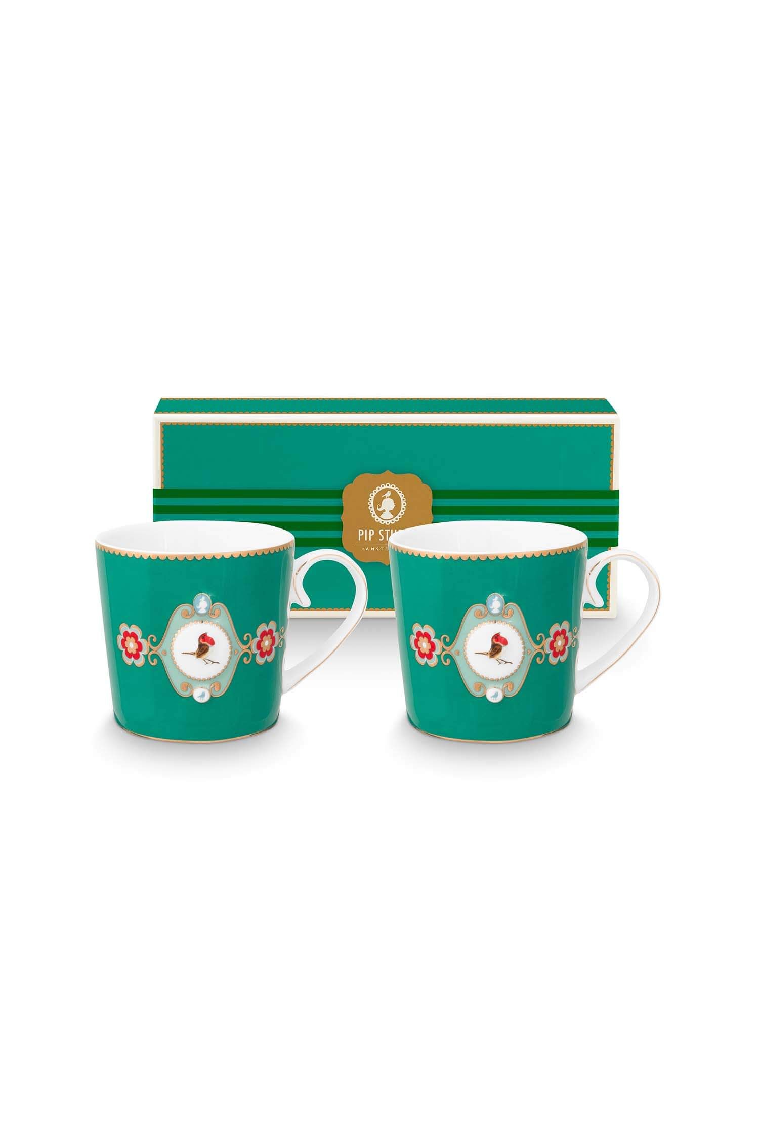Set/2 Mugs Large Love Birds Medallion Emerald