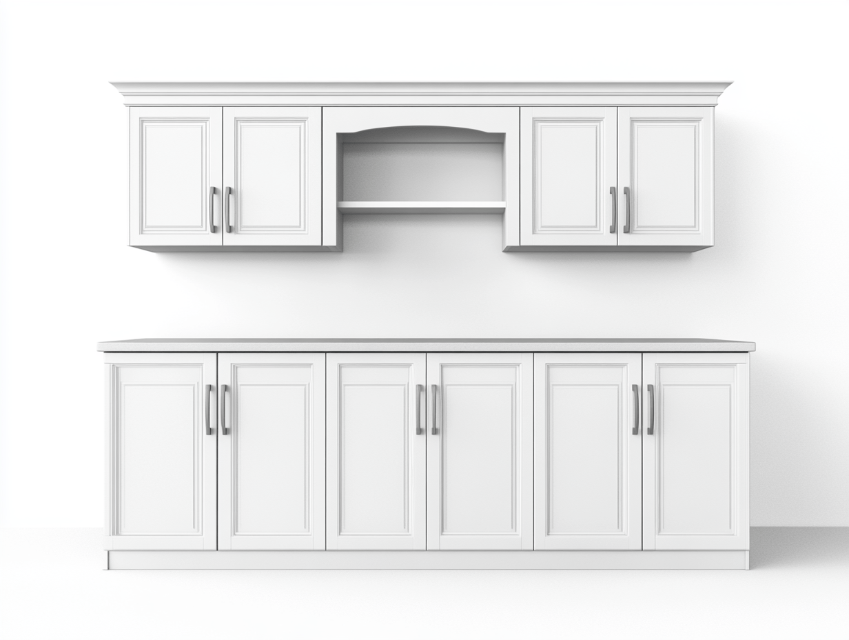 Armario modular de cocina blanco con puertas clásicas y estante abierto – 240×60×200 cm – estilo colonial
