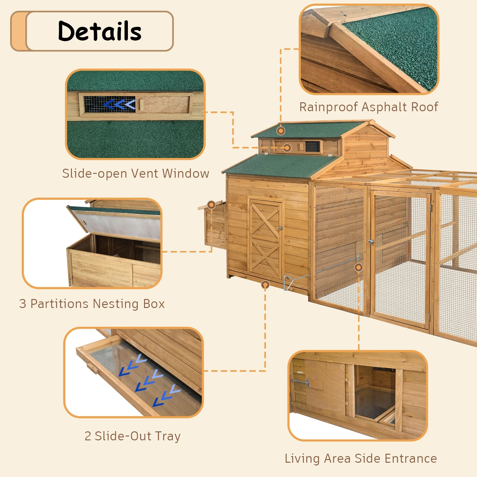 Chicken Coop for 6-10 Chickens, 112" Extal Large Chicken Coops, with Chicken Run & Nesting Box & Secure Enclosure, Outdoor Wooden Hen House Hutch for Rabbit, Poultry Pet, Duck - Image 10