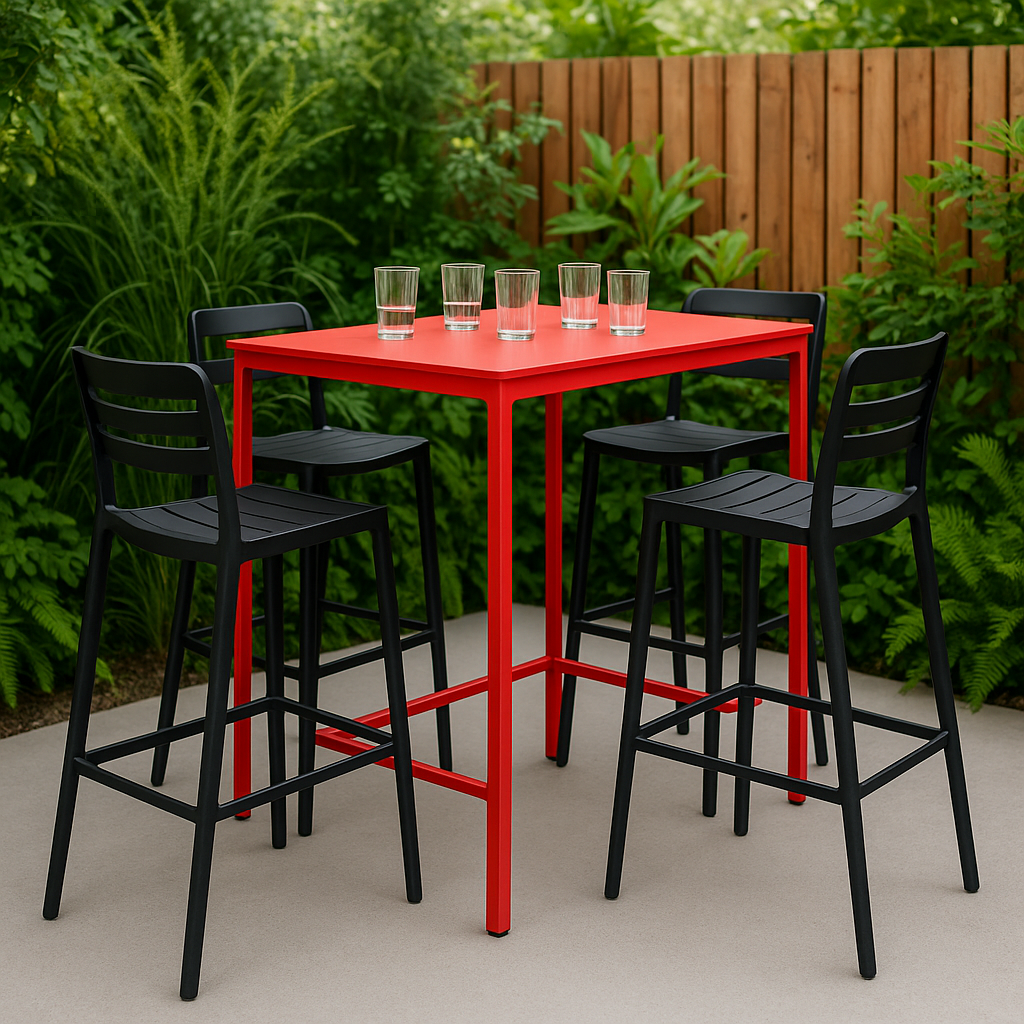 Bar de jardin Mesa alta con sillas Rojo y Negro Metal Exterior 90×90×105cm