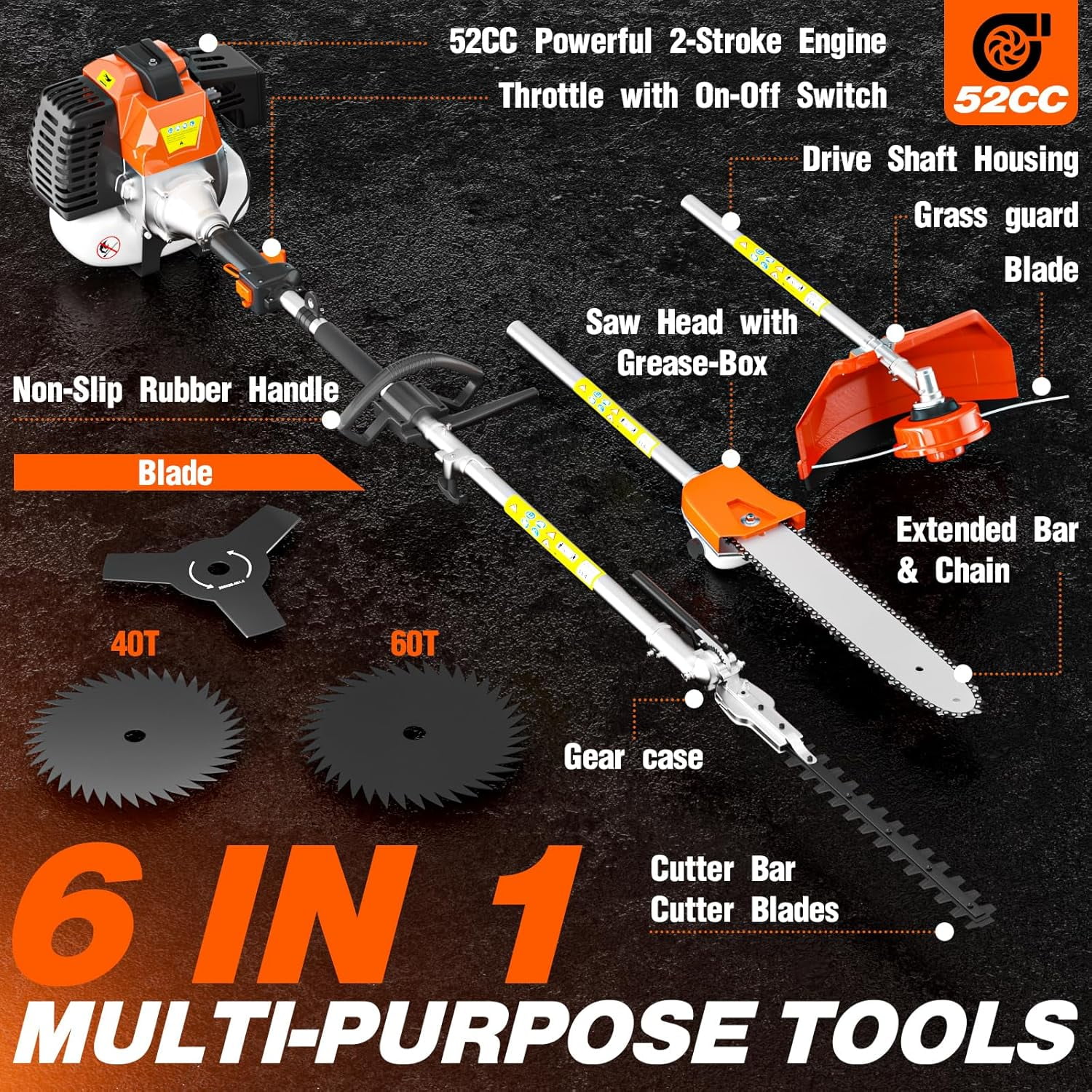 Datingday 52CC Orange Gas Weed Wacker, 2-Stroke Weed Eater Gas Powered, 6-in-1 Gas Hedge Trimmer, Gas Brush Cutter, Gas String Trimmer, Pole Saw with Extension Pole - Image 2
